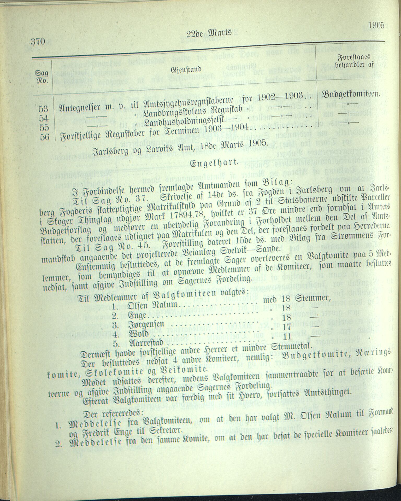 Vestfold fylkeskommune. Fylkestinget, VEMU/A-1315/A/Ab/Abb/L0052: Fylkestingsforhandlinger, 1905, p. 370