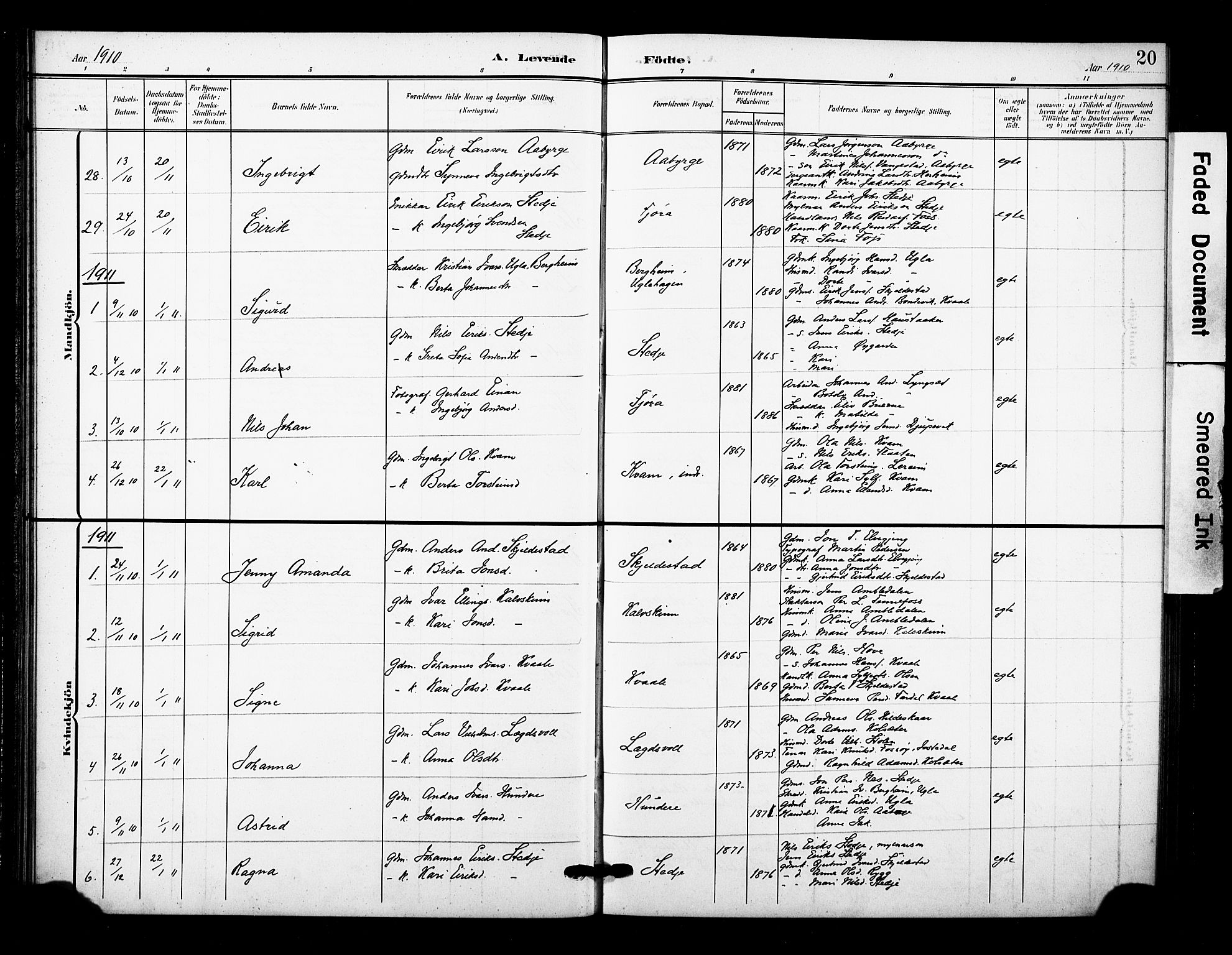 Sogndal sokneprestembete, SAB/A-81301/H/Hab/Haba/L0002: Parish register (copy) no. A 2, 1908-1924, p. 20