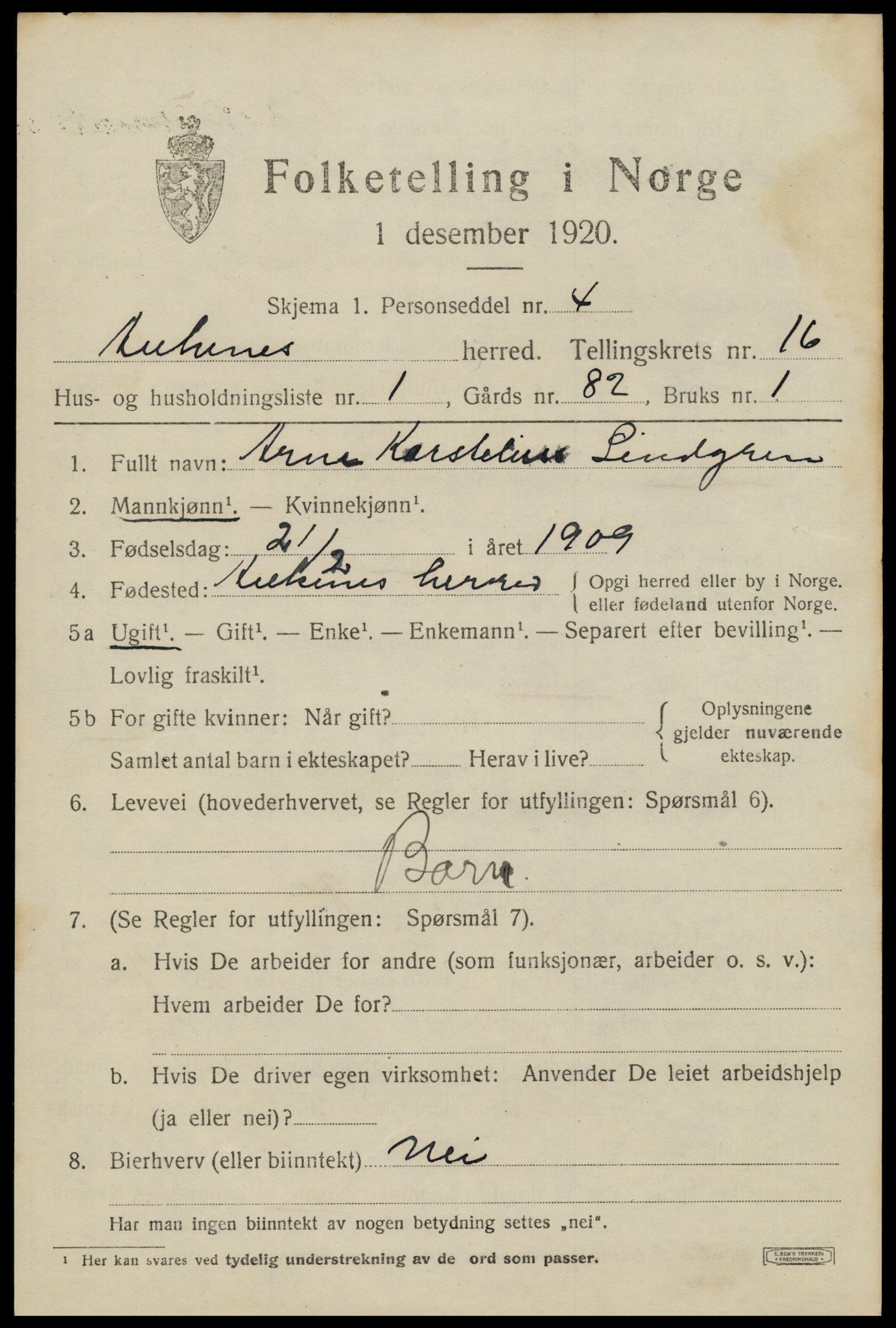 SAT, 1920 census for Ankenes, 1920, p. 7401