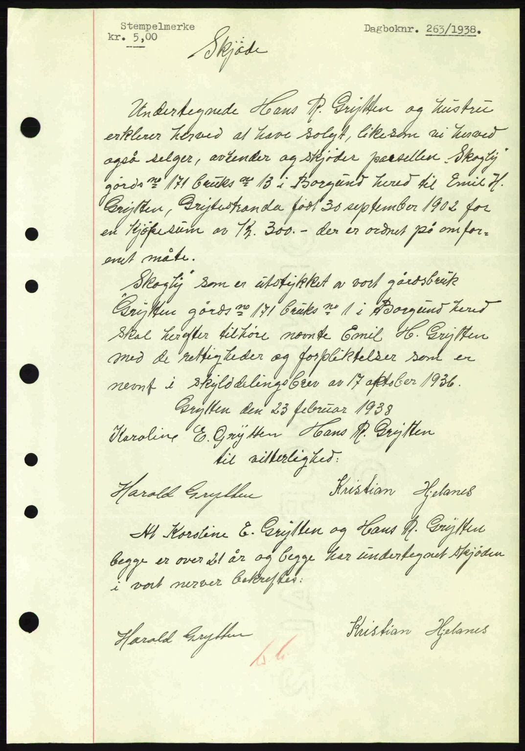 Nordre Sunnmøre sorenskriveri, AV/SAT-A-0006/1/2/2C/2Ca: Mortgage book no. A4, 1937-1938, Diary no: : 263/1938