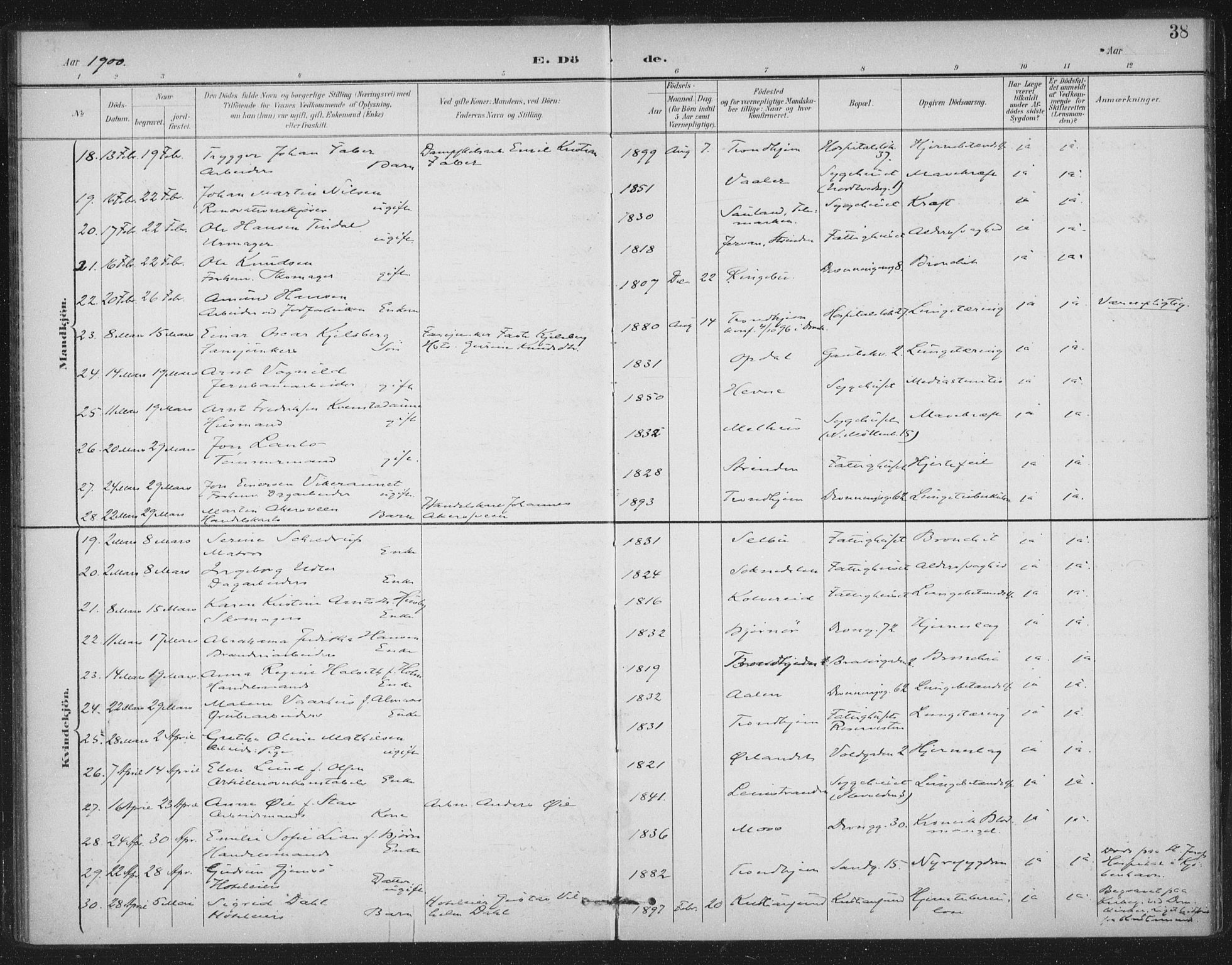 Ministerialprotokoller, klokkerbøker og fødselsregistre - Sør-Trøndelag, SAT/A-1456/602/L0123: Parish register (official) no. 602A21, 1895-1910, p. 38