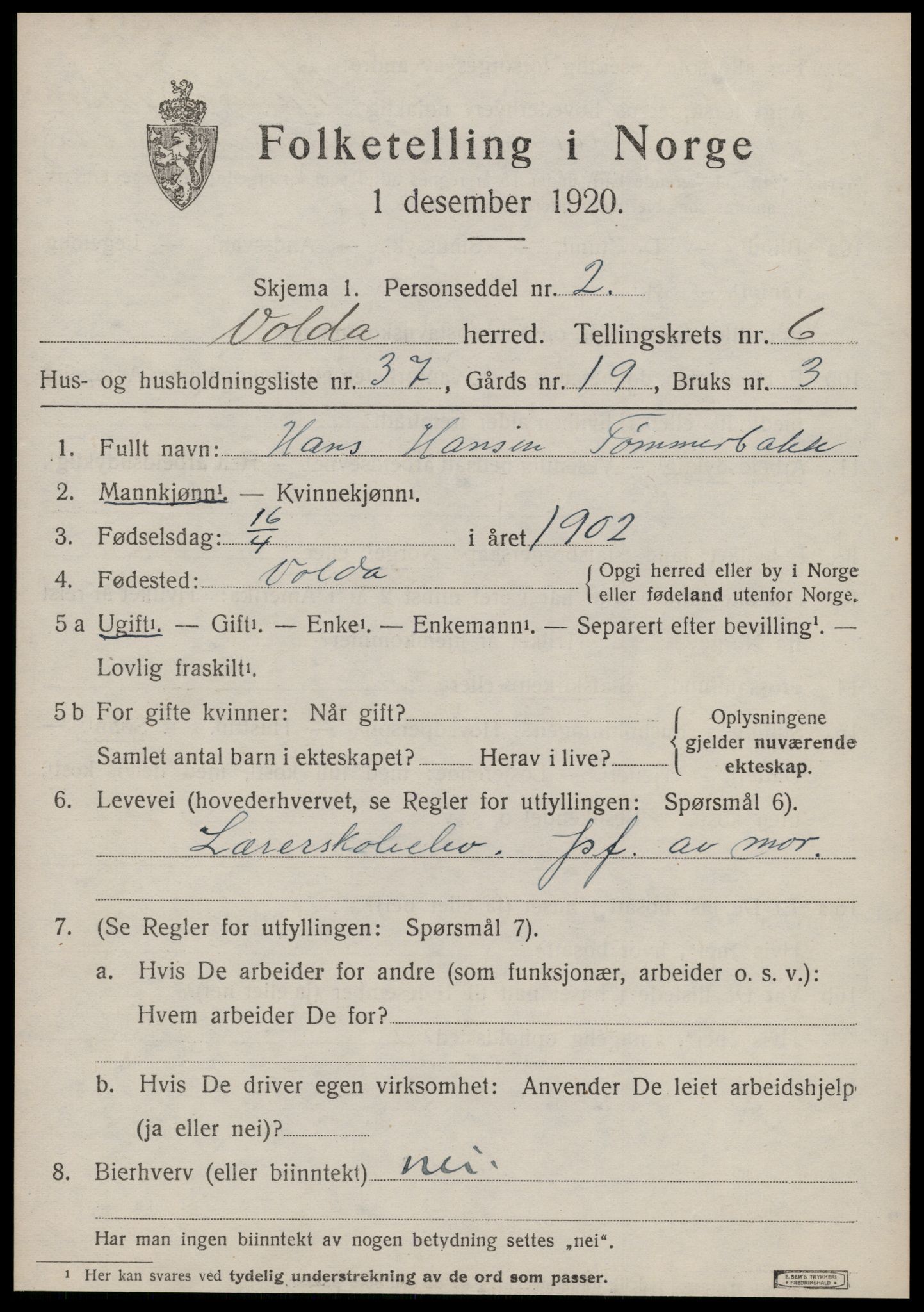 SAT, 1920 census for Volda, 1920, p. 5638