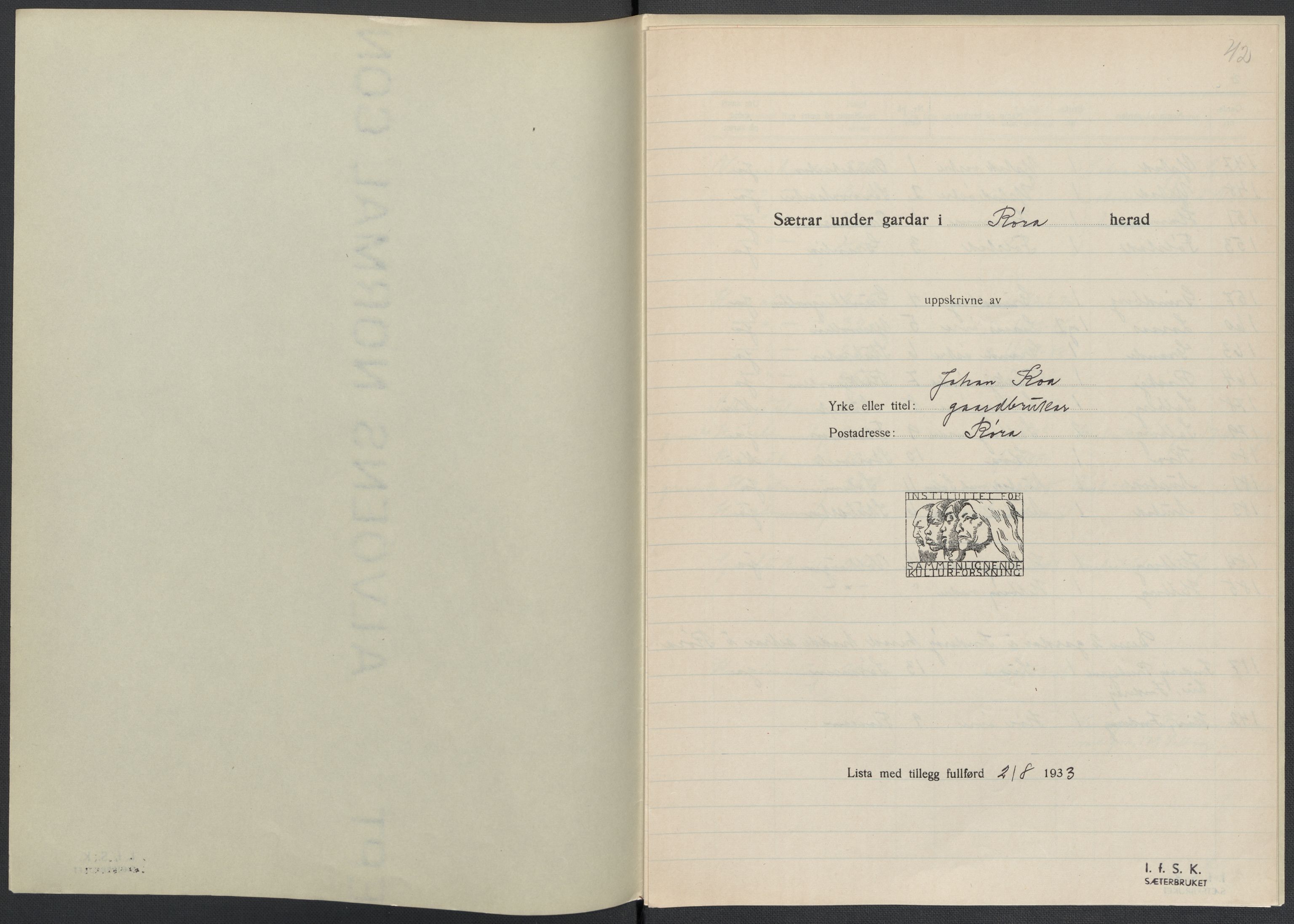 Instituttet for sammenlignende kulturforskning, RA/PA-0424/F/Fc/L0015/0002: Eske B15: / Nord-Trøndelag (perm XLIII), 1933-1938, p. 42