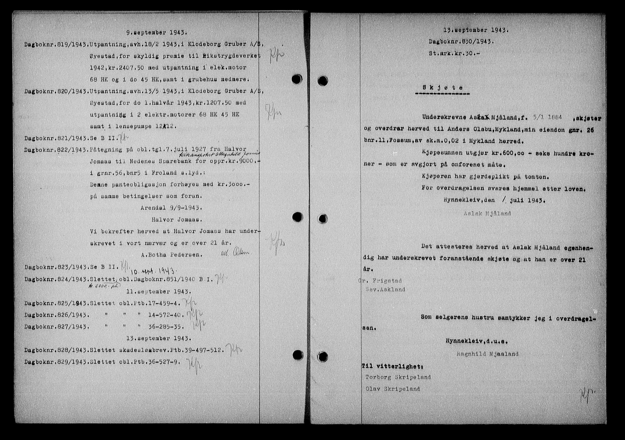 Nedenes sorenskriveri, SAK/1221-0006/G/Gb/Gba/L0051: Mortgage book no. A-V, 1943-1944, Diary no: : 830/1943