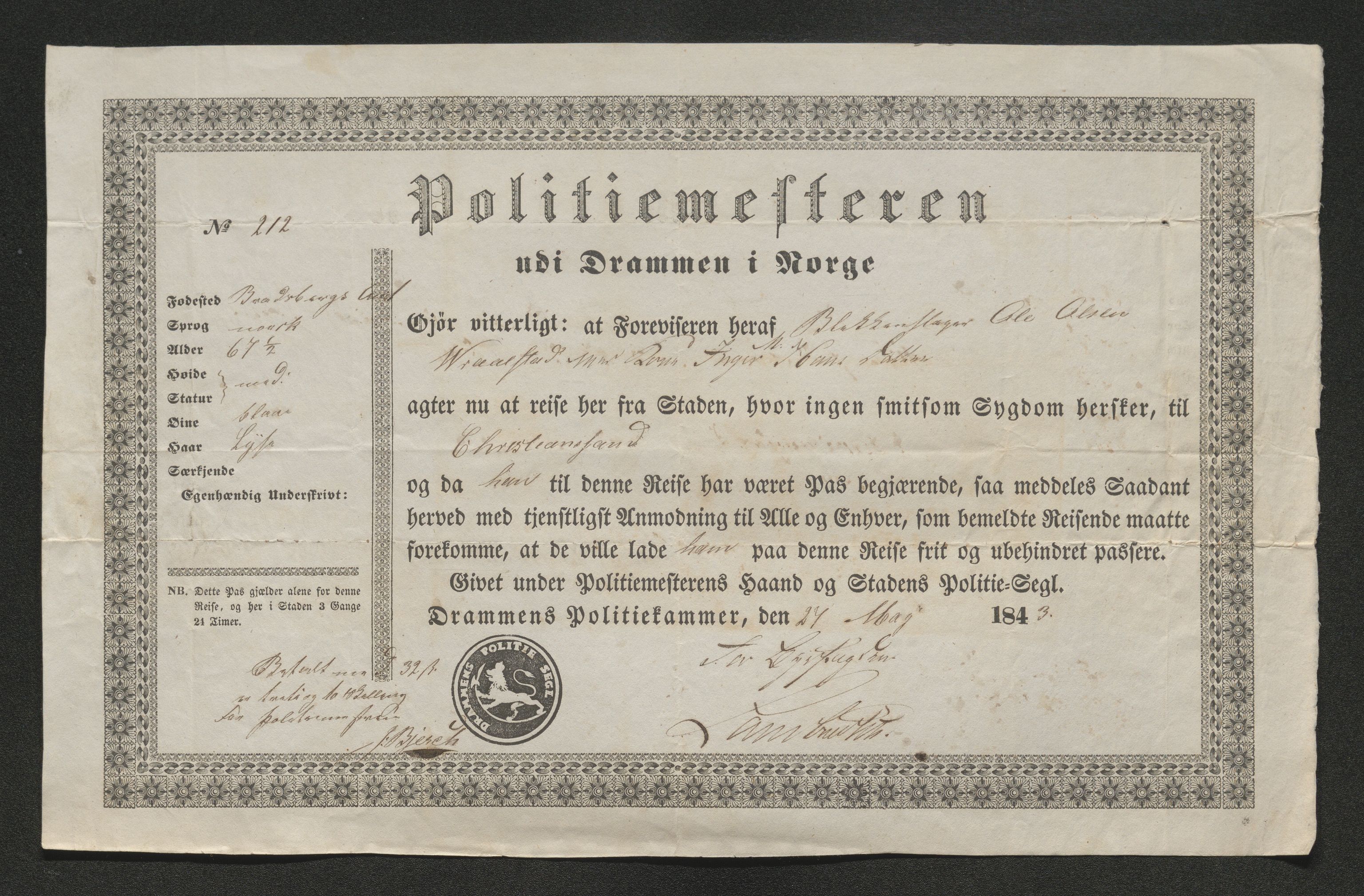 Drammen politikammer, SAKO/A-623/I/Ia/Iab/L0007: Innleverte pass, 1843-1844, p. 632