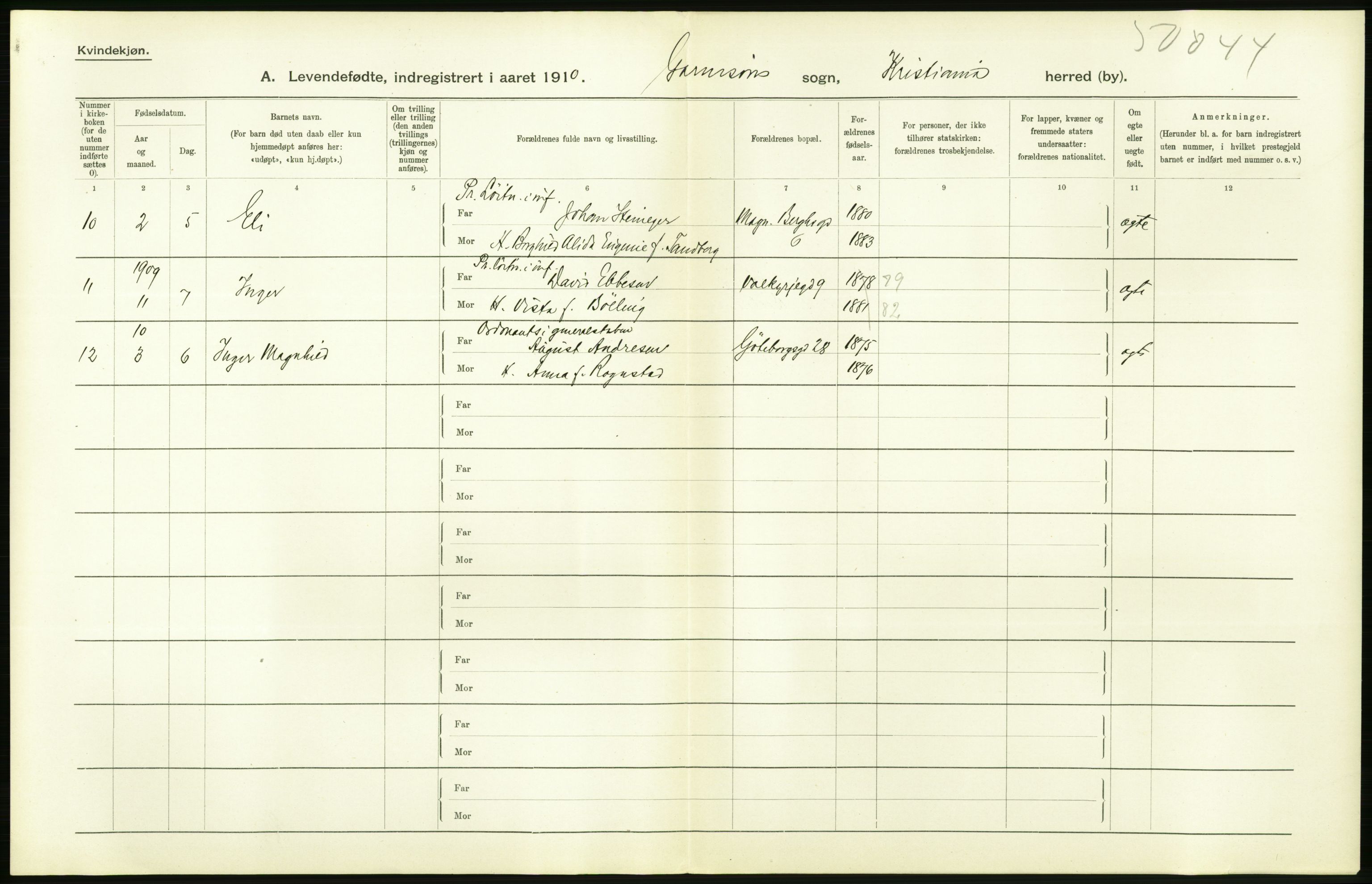 Statistisk sentralbyrå, Sosiodemografiske emner, Befolkning, RA/S-2228/D/Df/Dfa/Dfah/L0007: Kristiania: Levendefødte kvinner., 1910, p. 174