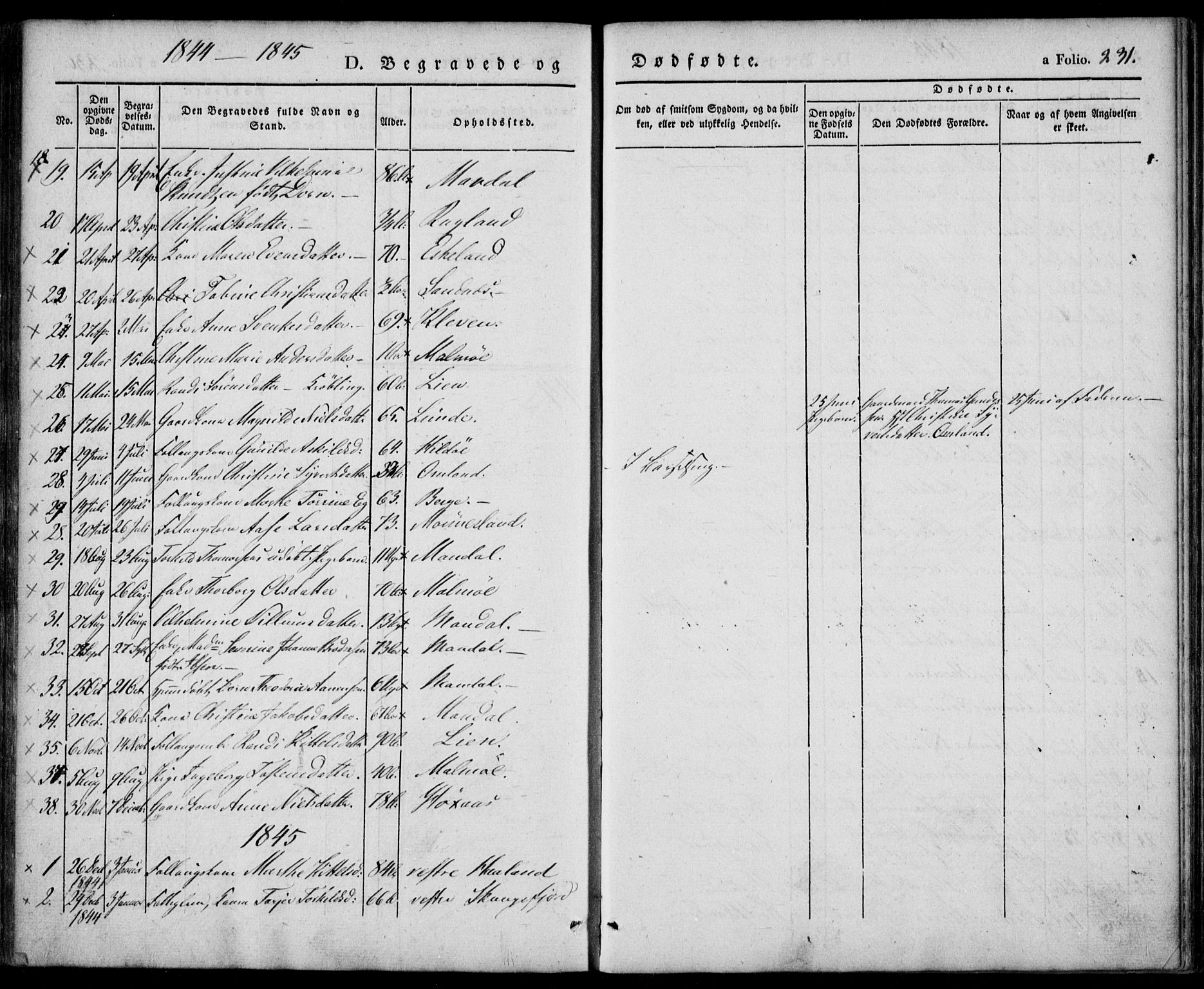 Mandal sokneprestkontor, SAK/1111-0030/F/Fa/Faa/L0012: Parish register (official) no. A 12, 1840-1847, p. 231