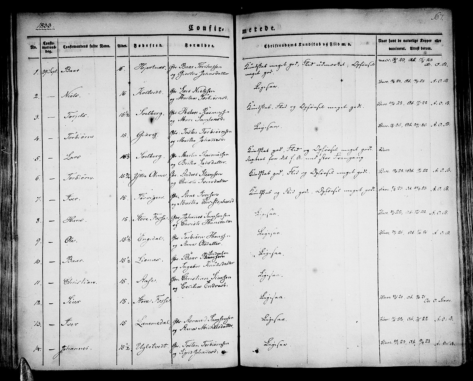 Strandebarm sokneprestembete, AV/SAB-A-78401/H/Haa: Parish register (official) no. A 6, 1826-1843, p. 167