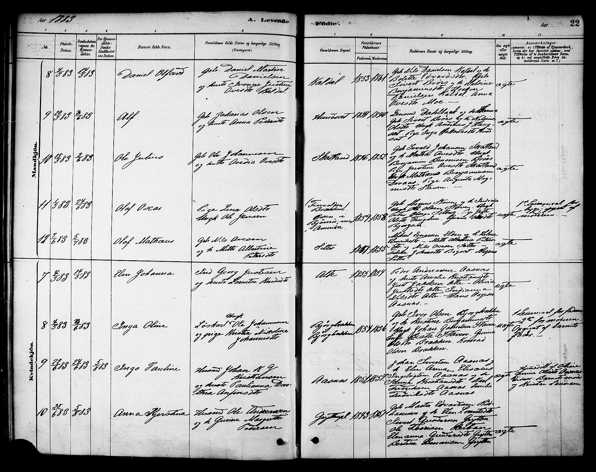 Ministerialprotokoller, klokkerbøker og fødselsregistre - Nord-Trøndelag, AV/SAT-A-1458/742/L0408: Parish register (official) no. 742A01, 1878-1890, p. 22