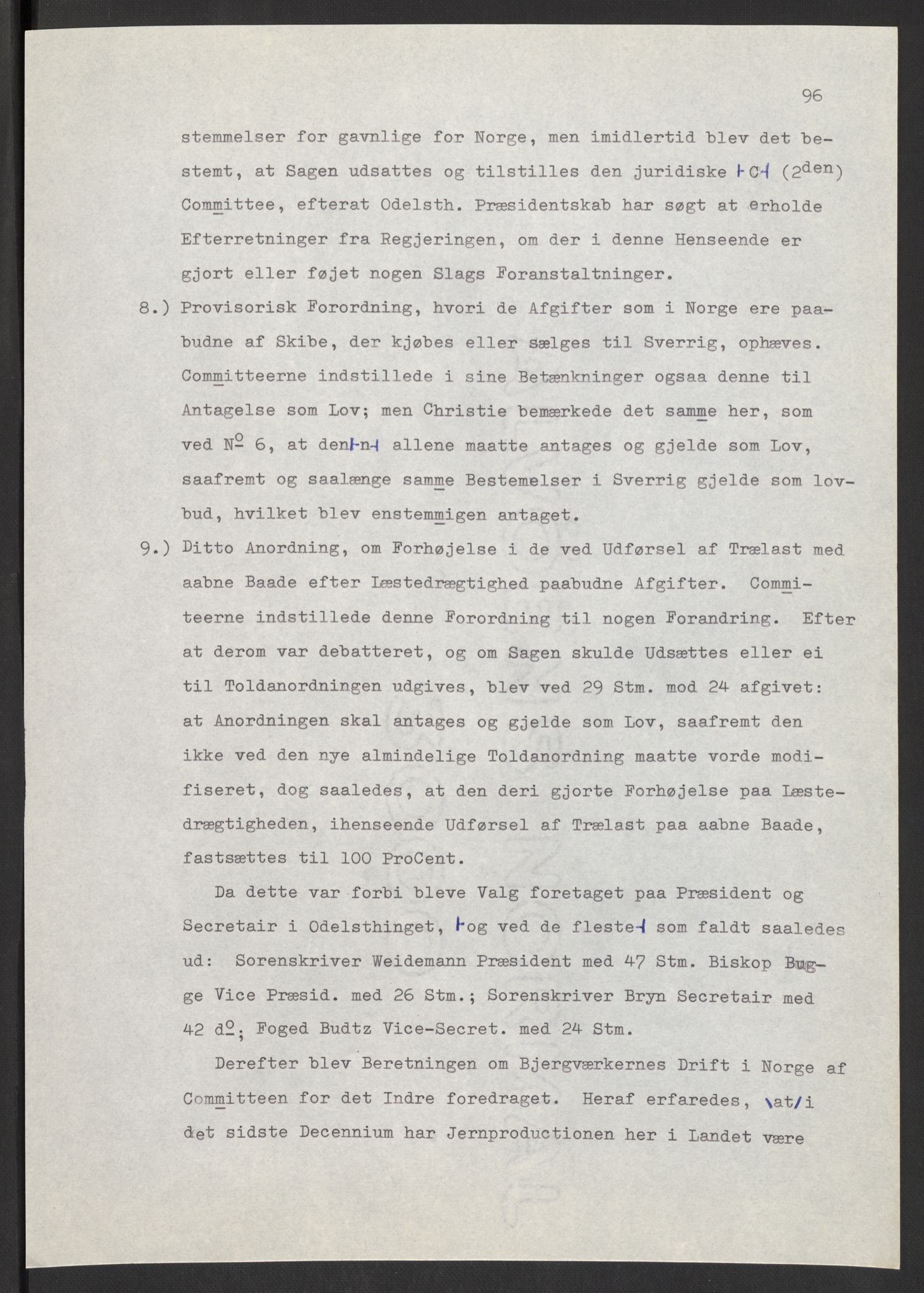 Manuskriptsamlingen, AV/RA-EA-3667/F/L0197: Wetlesen, Hans Jørgen (stortingsmann, ingeniørkaptein); Referat fra Stortinget 1815-1816, 1815-1816, p. 96