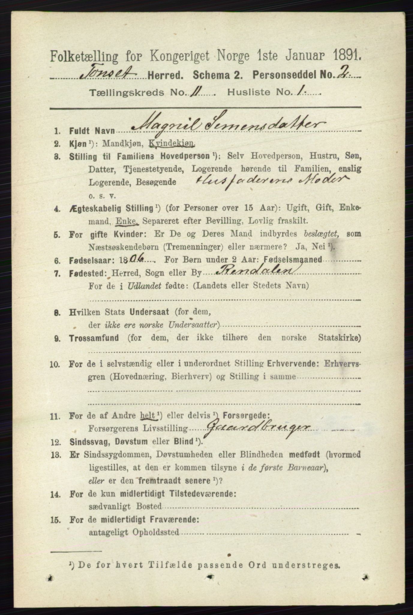 RA, 1891 census for 0437 Tynset, 1891, p. 3013