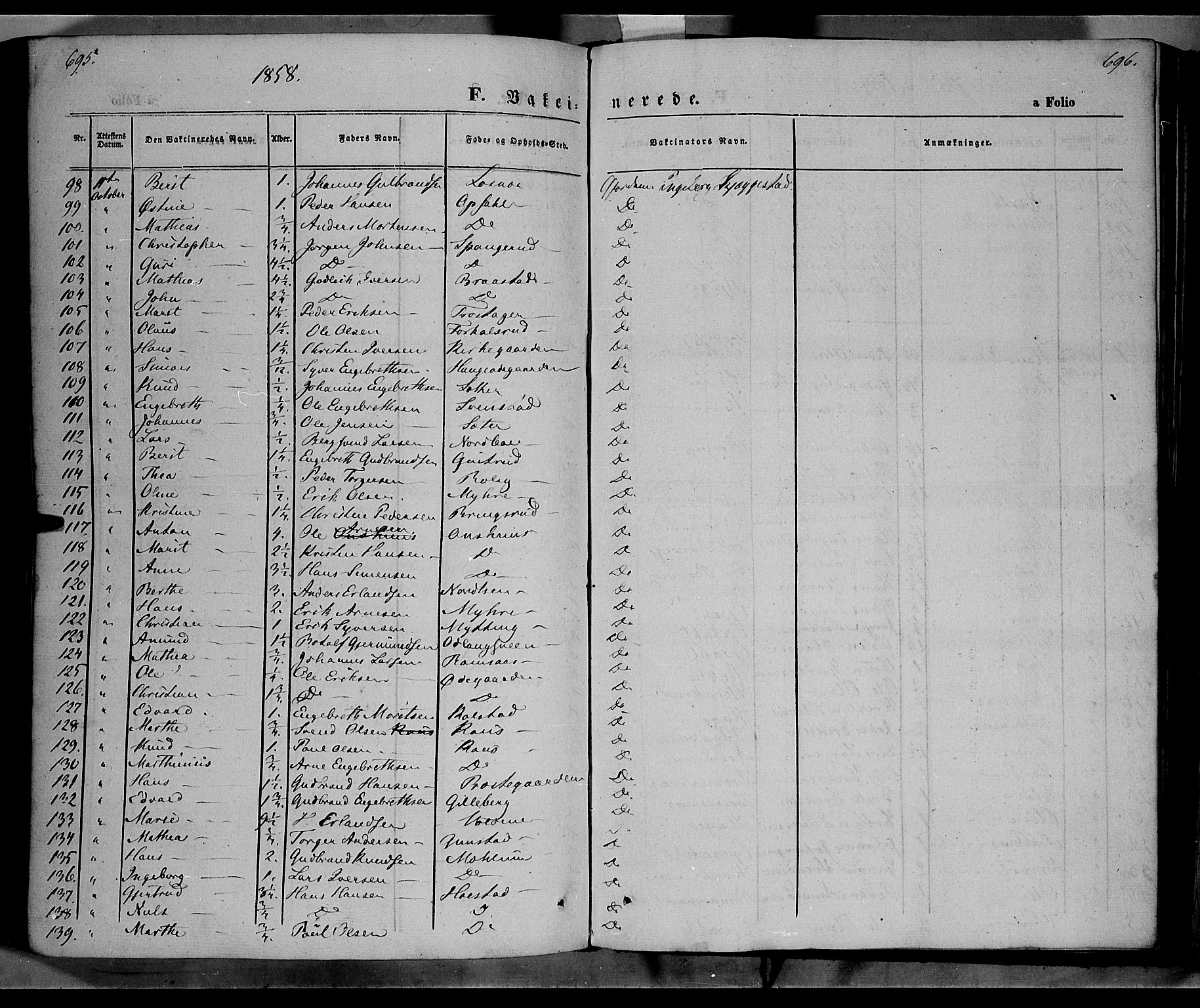 Ringebu prestekontor, SAH/PREST-082/H/Ha/Haa/L0006: Parish register (official) no. 6, 1848-1859, p. 695-696