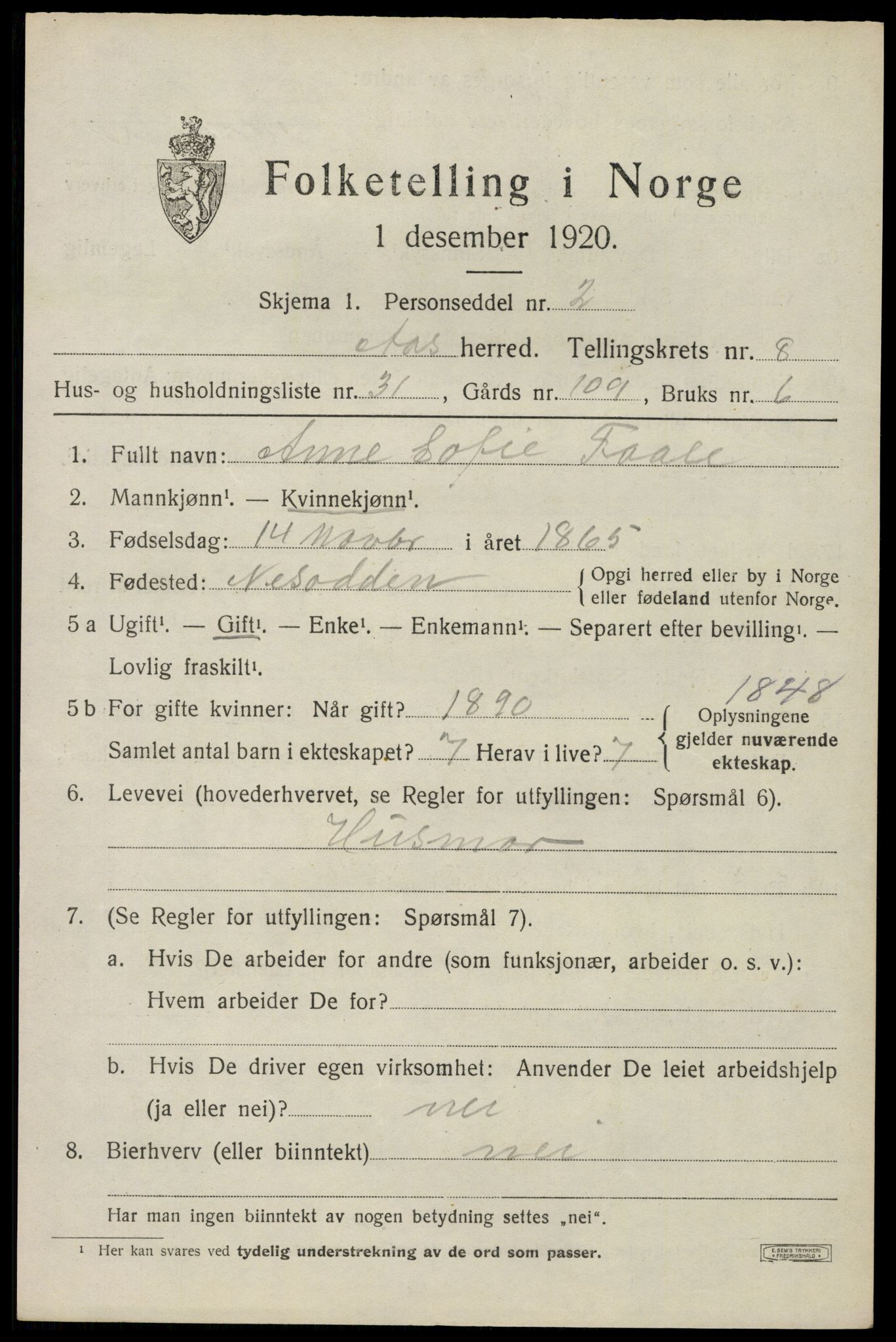 SAO, 1920 census for Ås, 1920, p. 8330