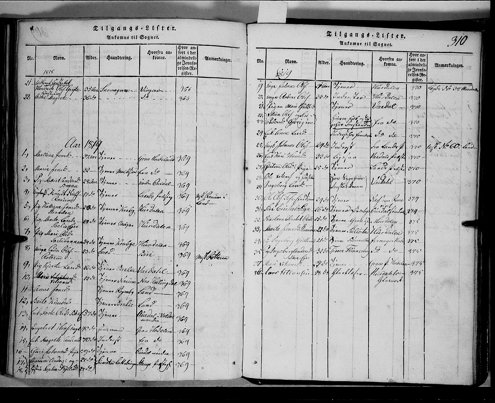 Toten prestekontor, SAH/PREST-102/H/Ha/Hab/L0001: Parish register (copy) no. 1, 1814-1820, p. 310