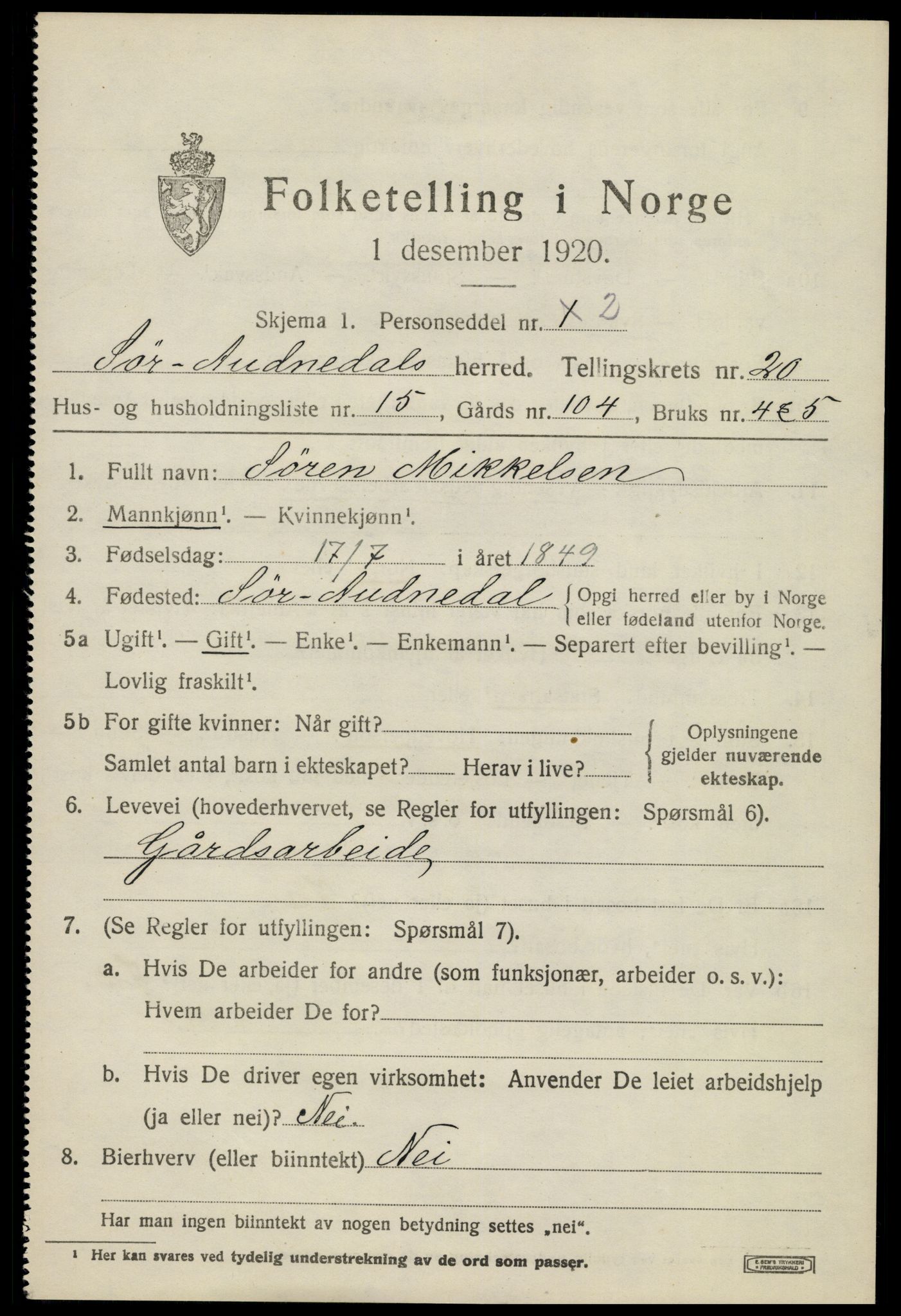 SAK, 1920 census for Sør-Audnedal, 1920, p. 6839