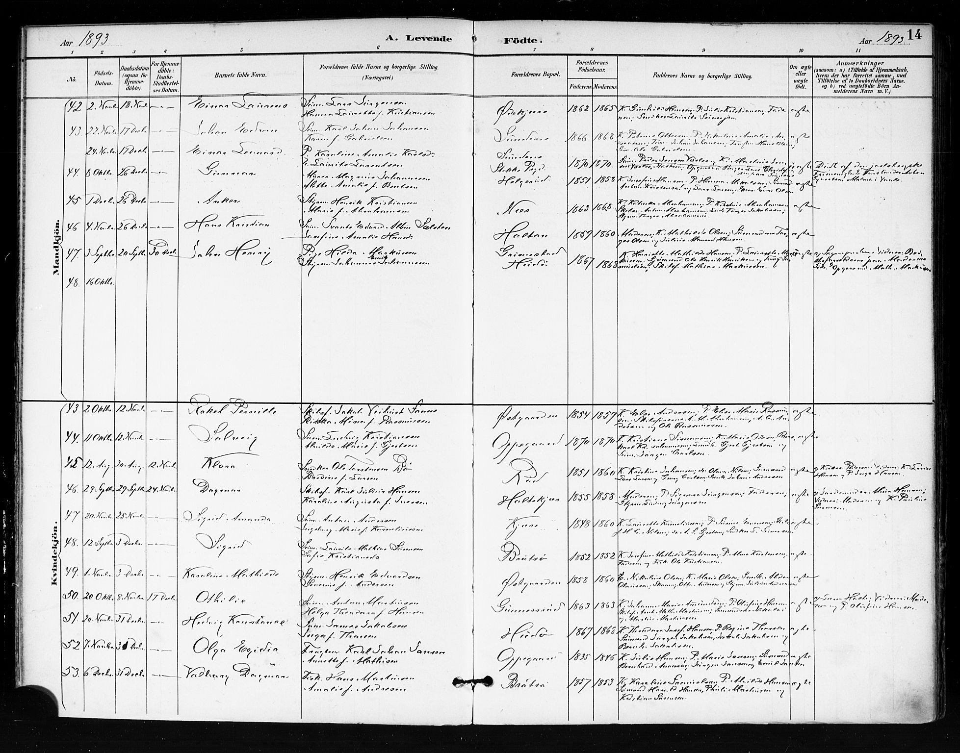 Tjøme kirkebøker, AV/SAKO-A-328/F/Fa/L0003: Parish register (official) no. I 3, 1891-1900, p. 14