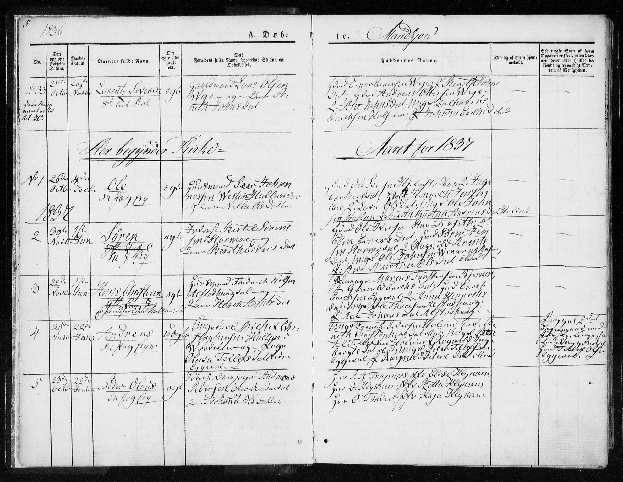 Ministerialprotokoller, klokkerbøker og fødselsregistre - Nord-Trøndelag, SAT/A-1458/717/L0154: Parish register (official) no. 717A06 /1, 1836-1849, p. 5