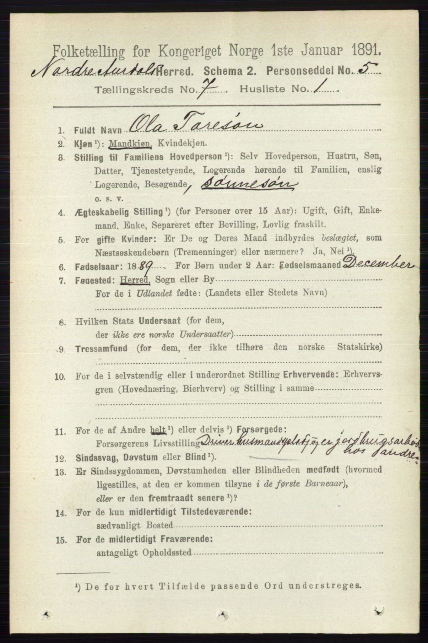 RA, 1891 census for 0542 Nord-Aurdal, 1891, p. 2387