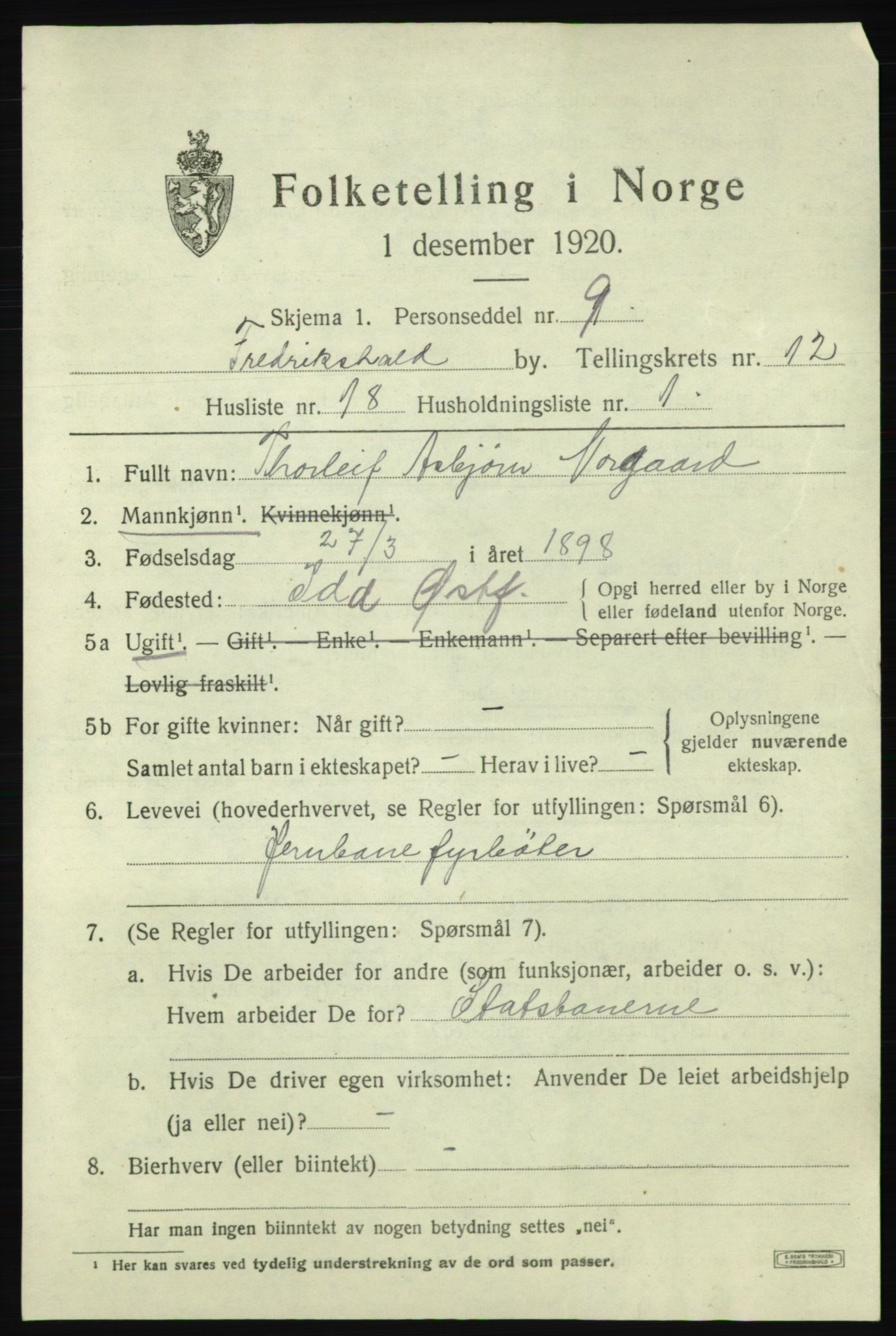 SAO, 1920 census for Fredrikshald, 1920, p. 20253