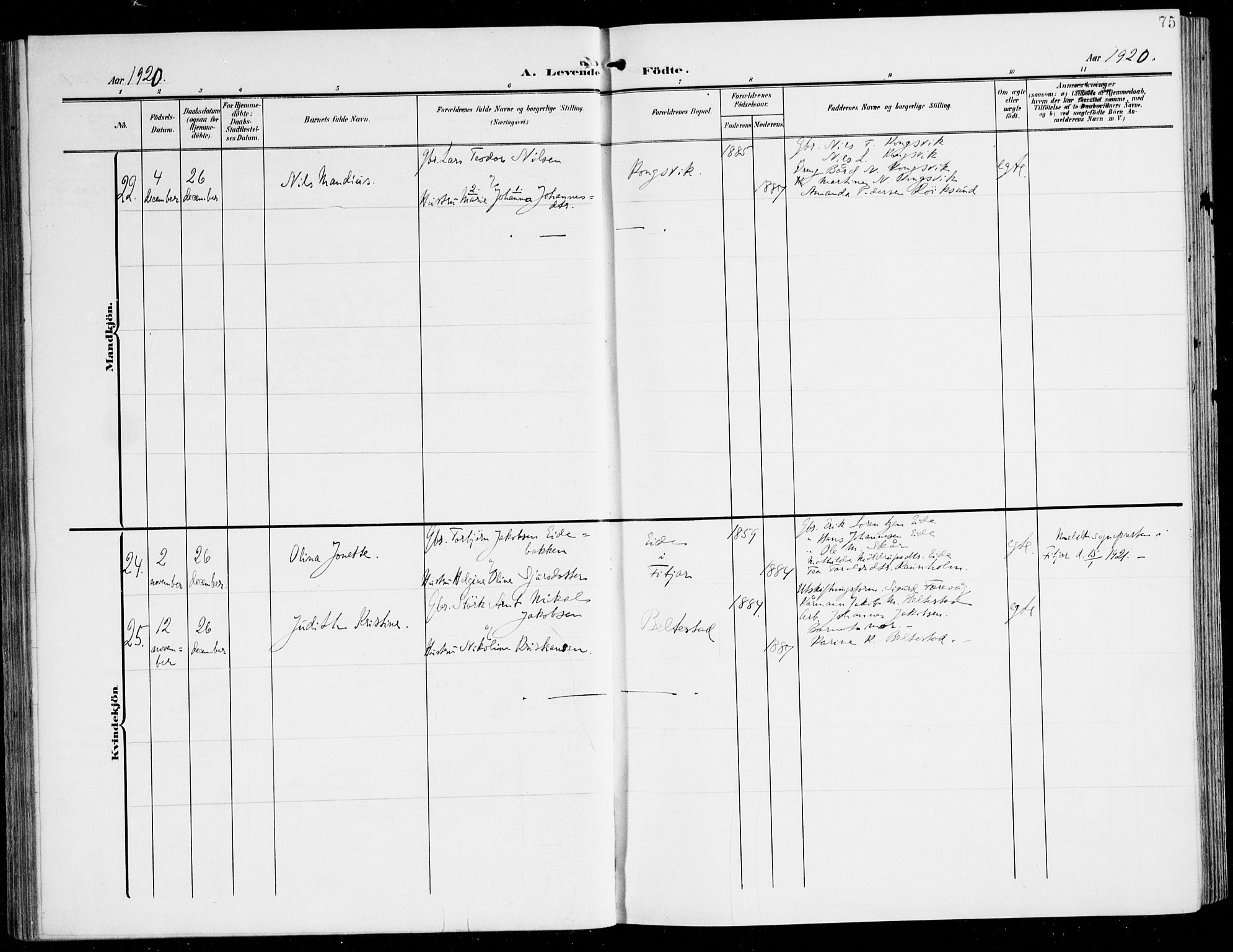 Tysnes sokneprestembete, AV/SAB-A-78601/H/Haa: Parish register (official) no. D 2, 1905-1922, p. 75