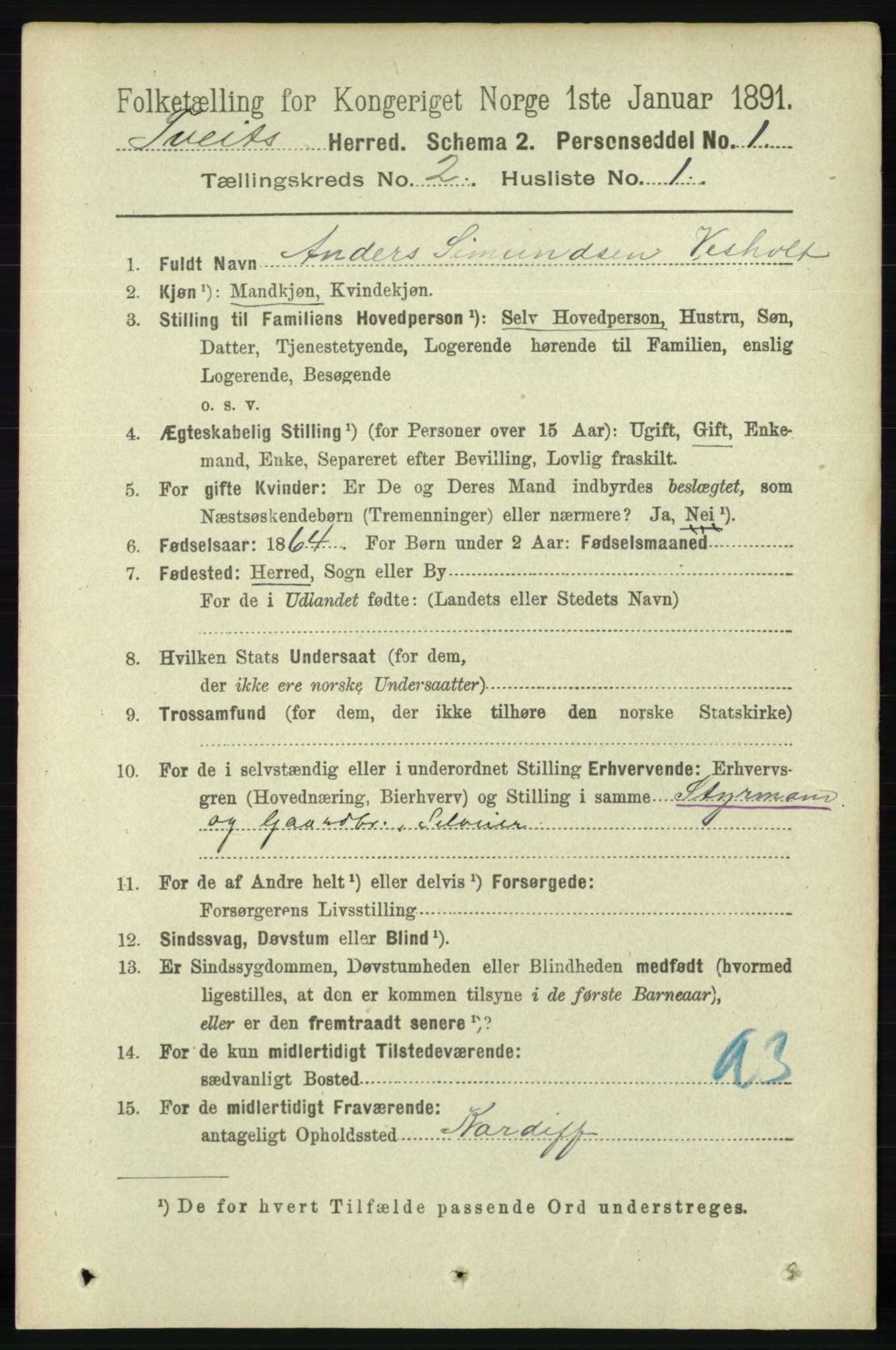 RA, 1891 census for 1013 Tveit, 1891, p. 523