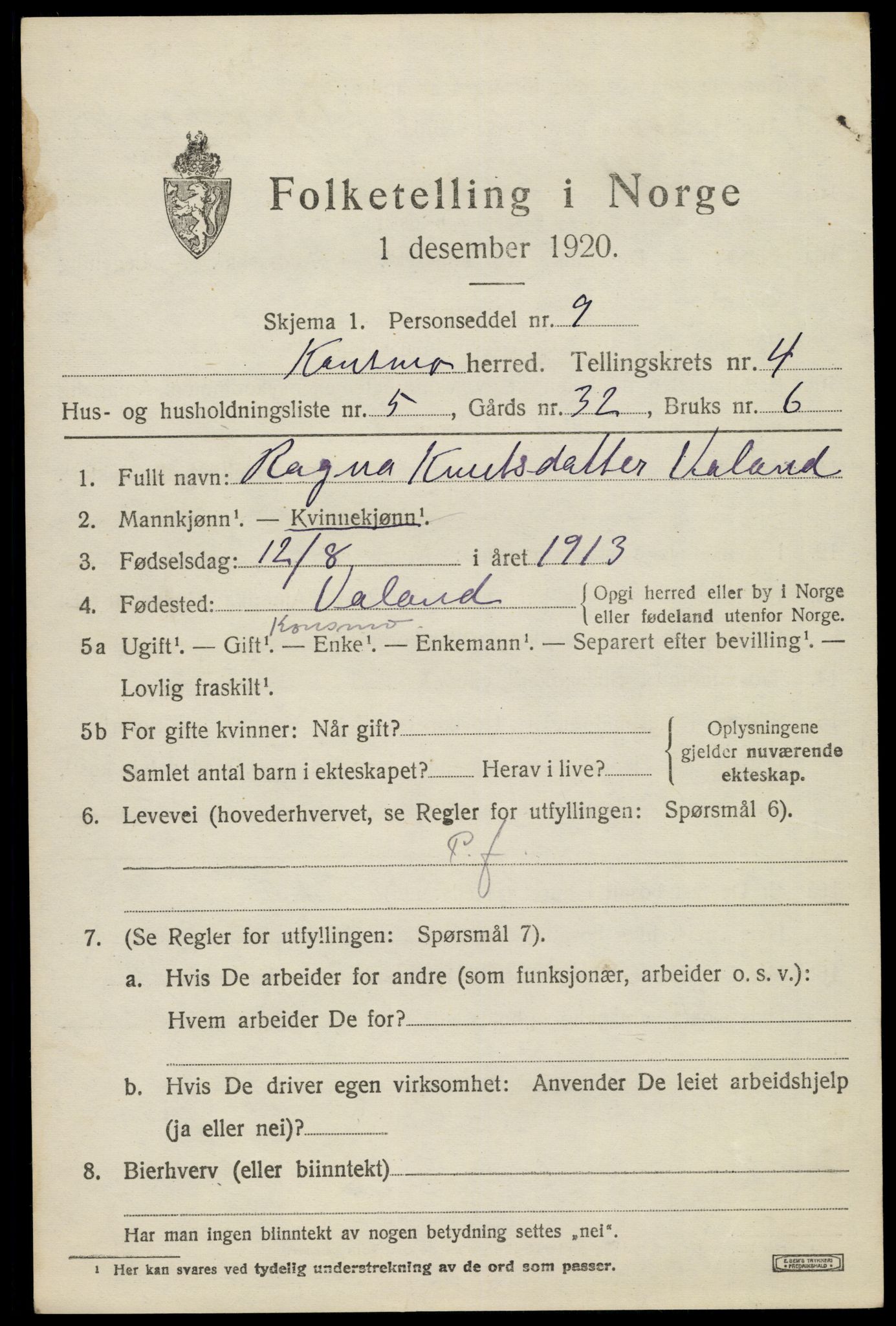 SAK, 1920 census for Konsmo, 1920, p. 1250