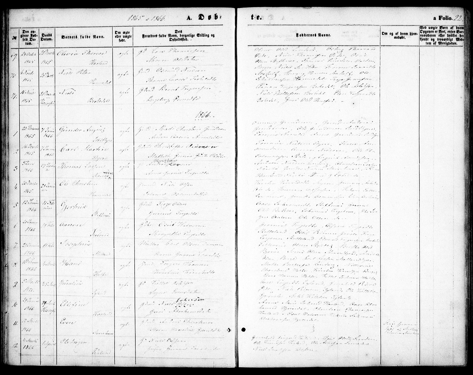 Hommedal sokneprestkontor, AV/SAK-1111-0023/F/Fa/Fab/L0005: Parish register (official) no. A 5, 1861-1877, p. 22