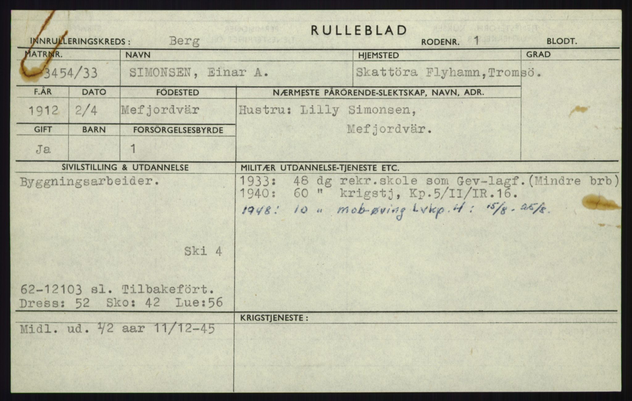 Forsvaret, Troms infanteriregiment nr. 16, AV/RA-RAFA-3146/P/Pa/L0017: Rulleblad for regimentets menige mannskaper, årsklasse 1933, 1933, p. 1147