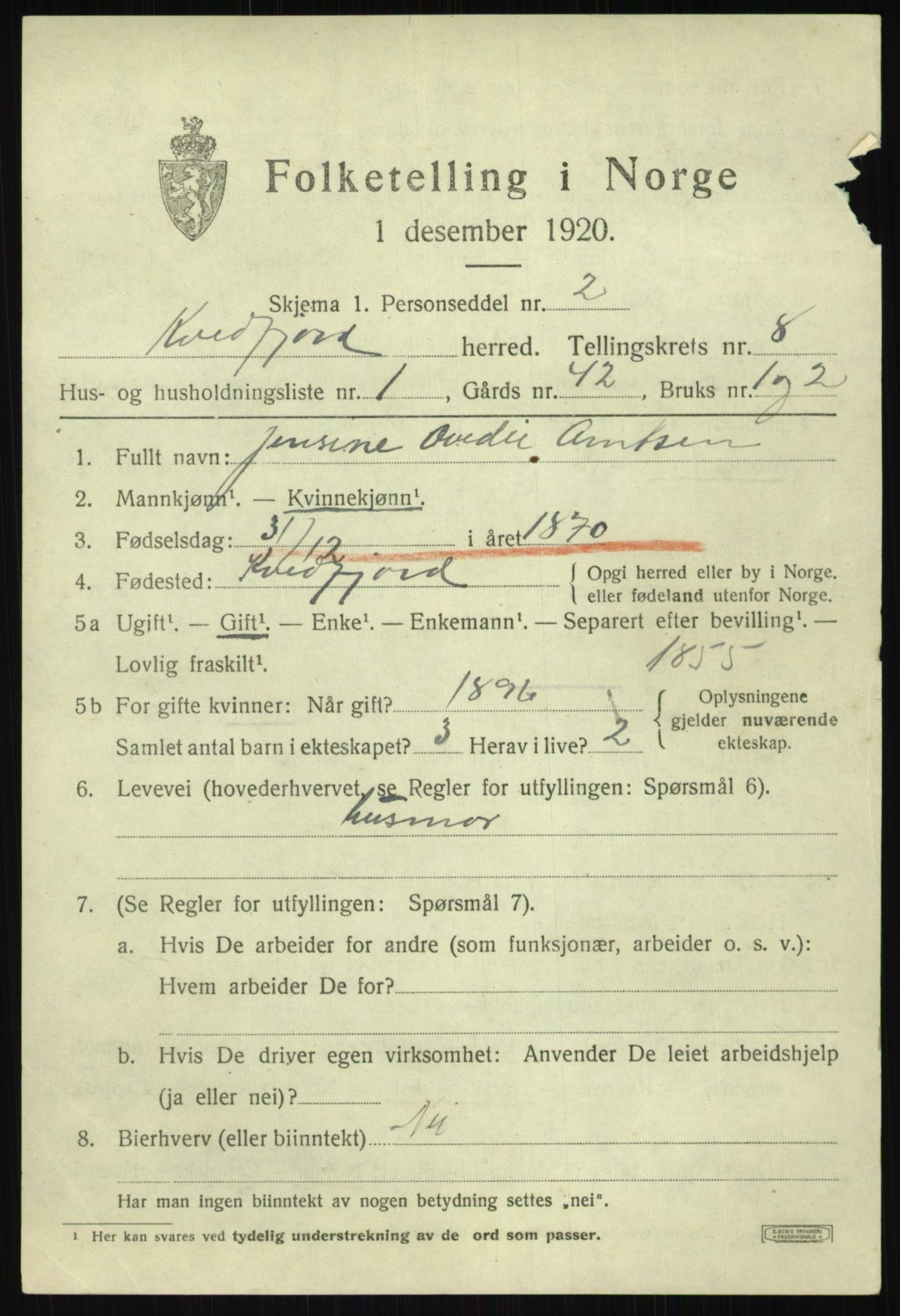 SATØ, 1920 census for Kvæfjord, 1920, p. 3713