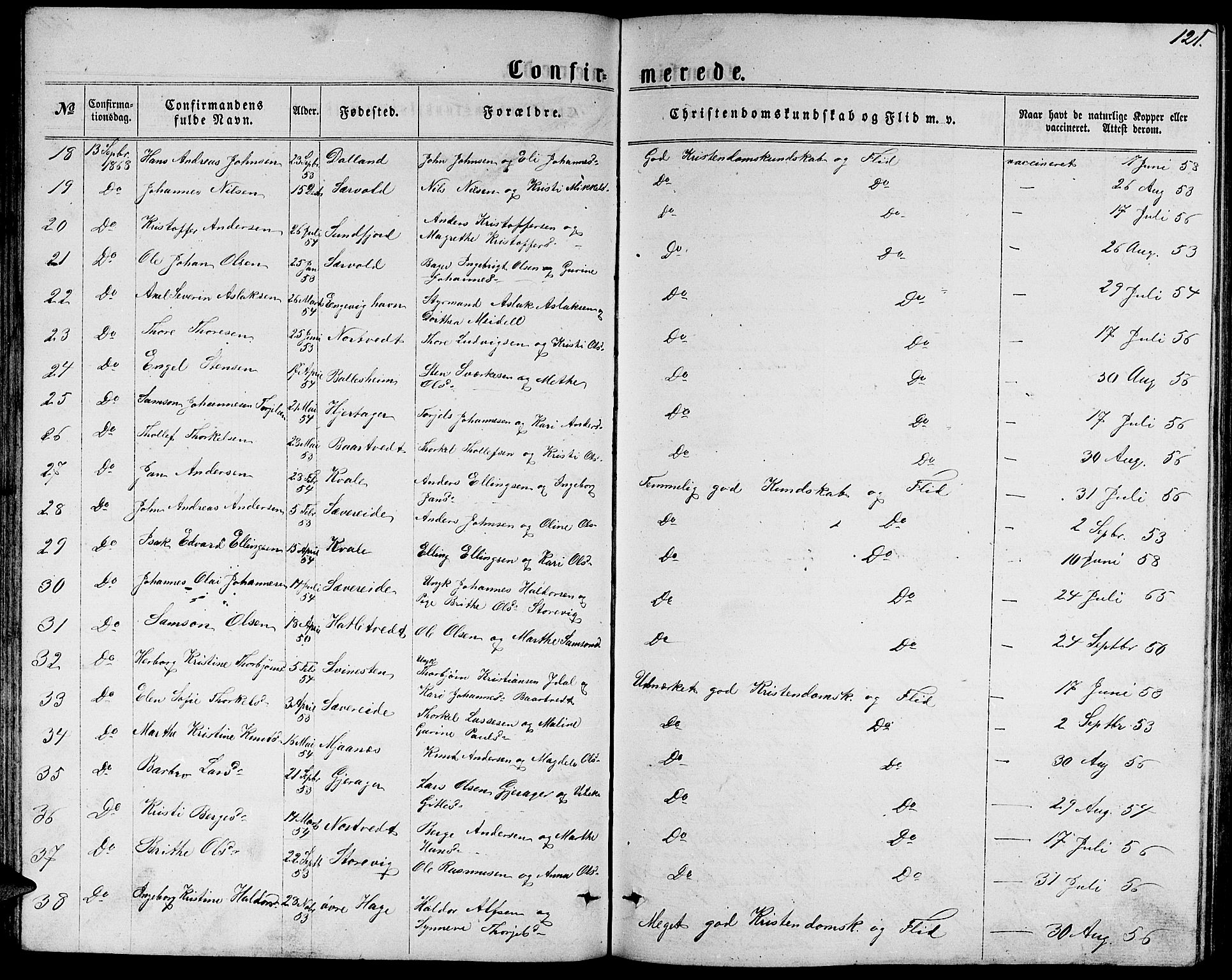Fusa sokneprestembete, AV/SAB-A-75401/H/Hab: Parish register (copy) no. C 1, 1861-1885, p. 121
