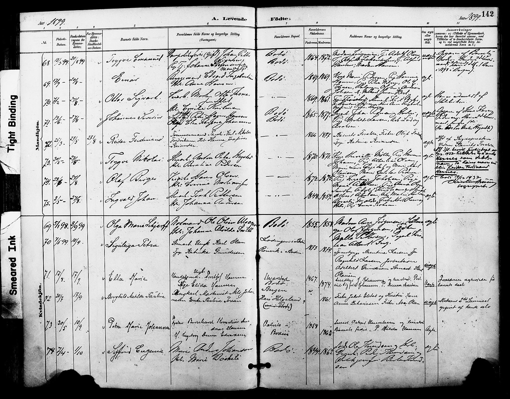 Ministerialprotokoller, klokkerbøker og fødselsregistre - Nordland, AV/SAT-A-1459/801/L0010: Parish register (official) no. 801A10, 1888-1899, p. 142