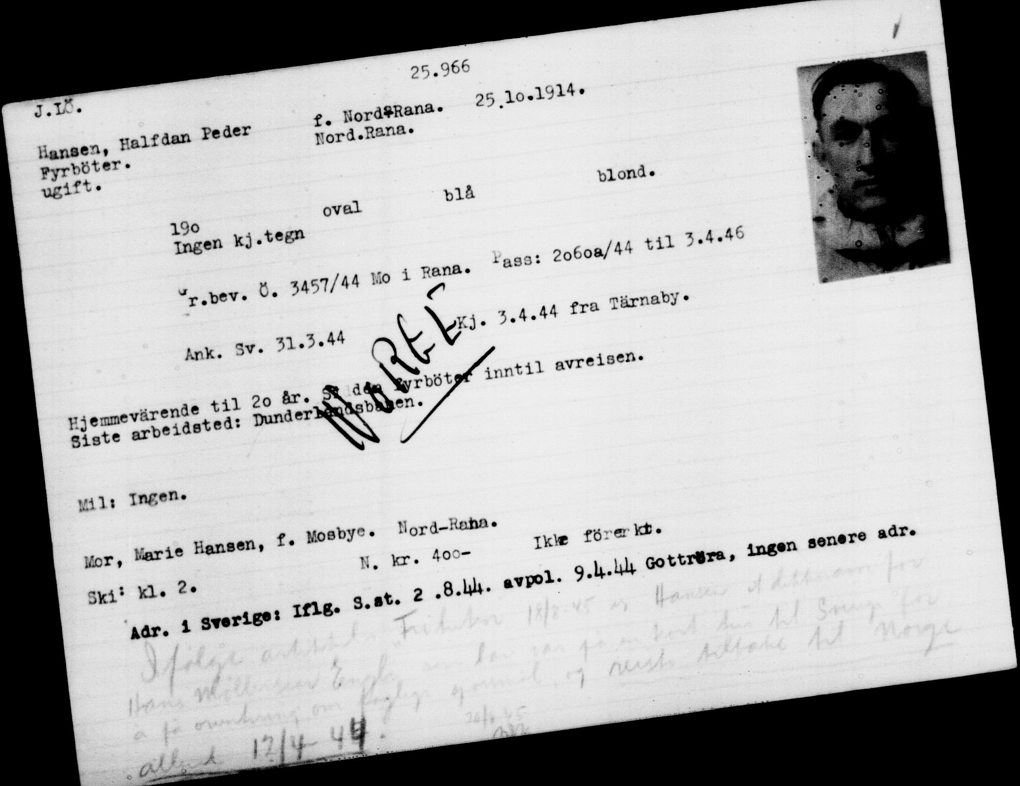 Den Kgl. Norske Legasjons Flyktningskontor, AV/RA-S-6753/V/Va/L0011: Kjesäterkartoteket.  Flyktningenr. 25300-28349, 1940-1945, p. 694