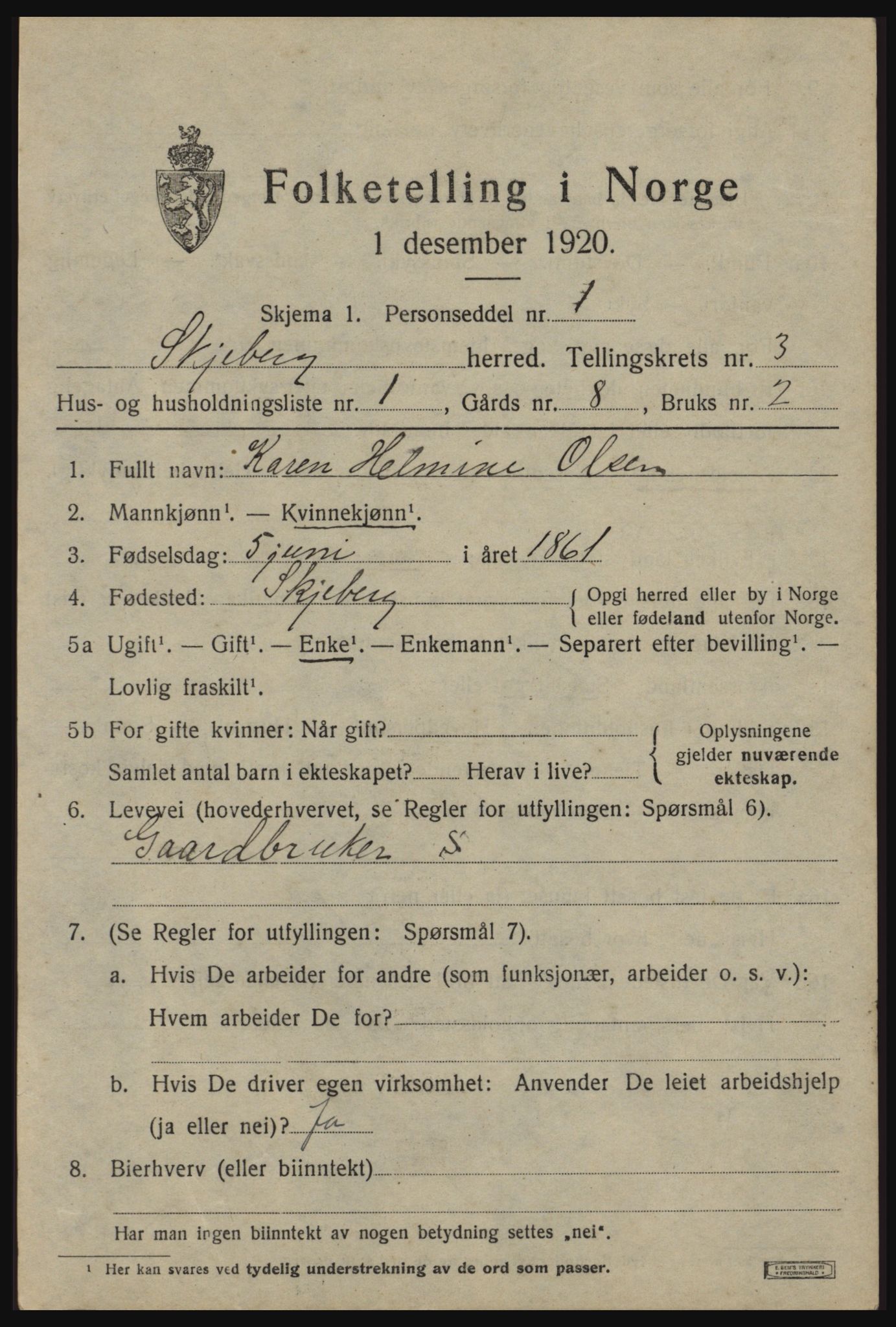 SAO, 1920 census for Skjeberg, 1920, p. 4351