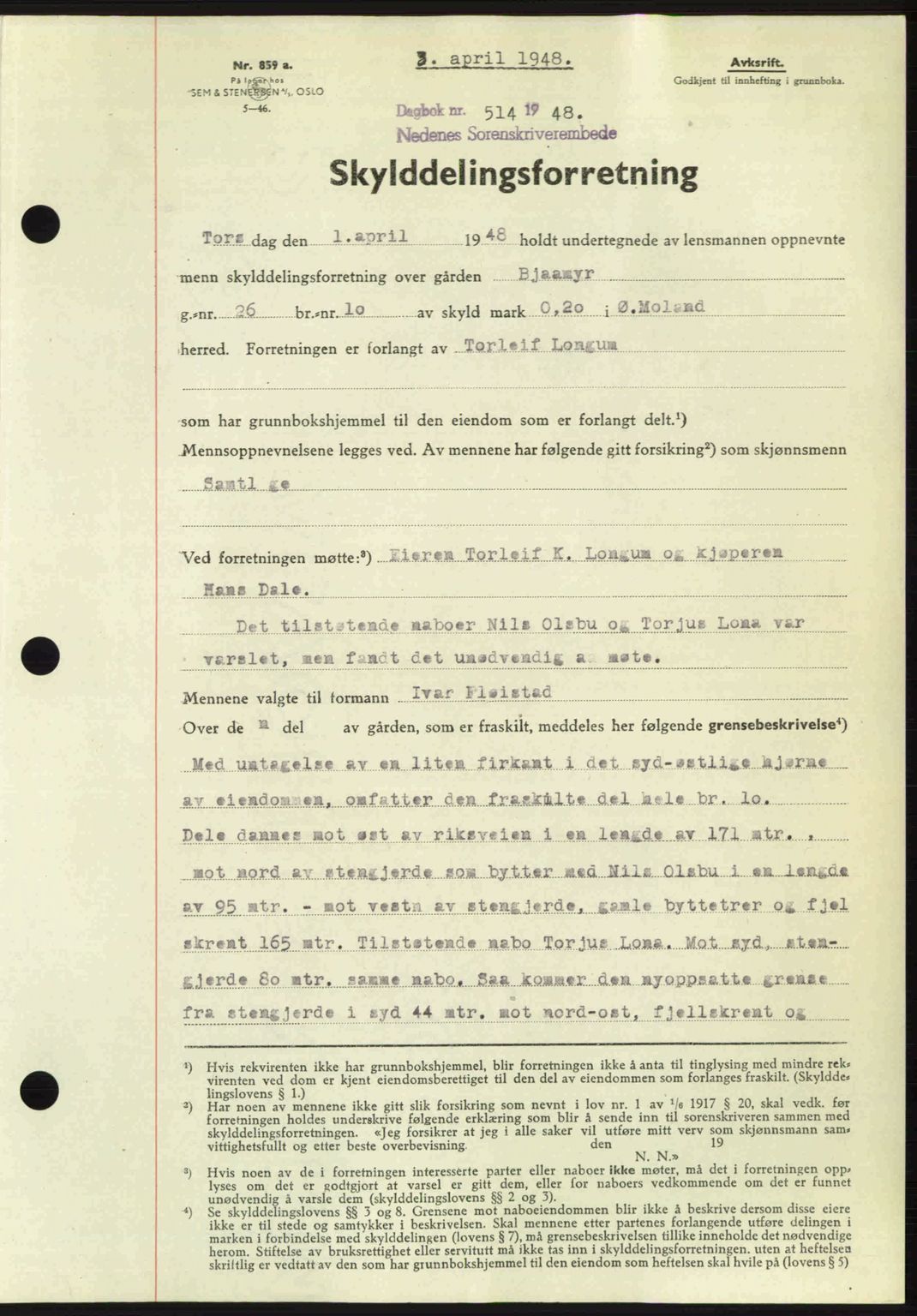 Nedenes sorenskriveri, SAK/1221-0006/G/Gb/Gba/L0059: Mortgage book no. A11, 1948-1948, Diary no: : 514/1948