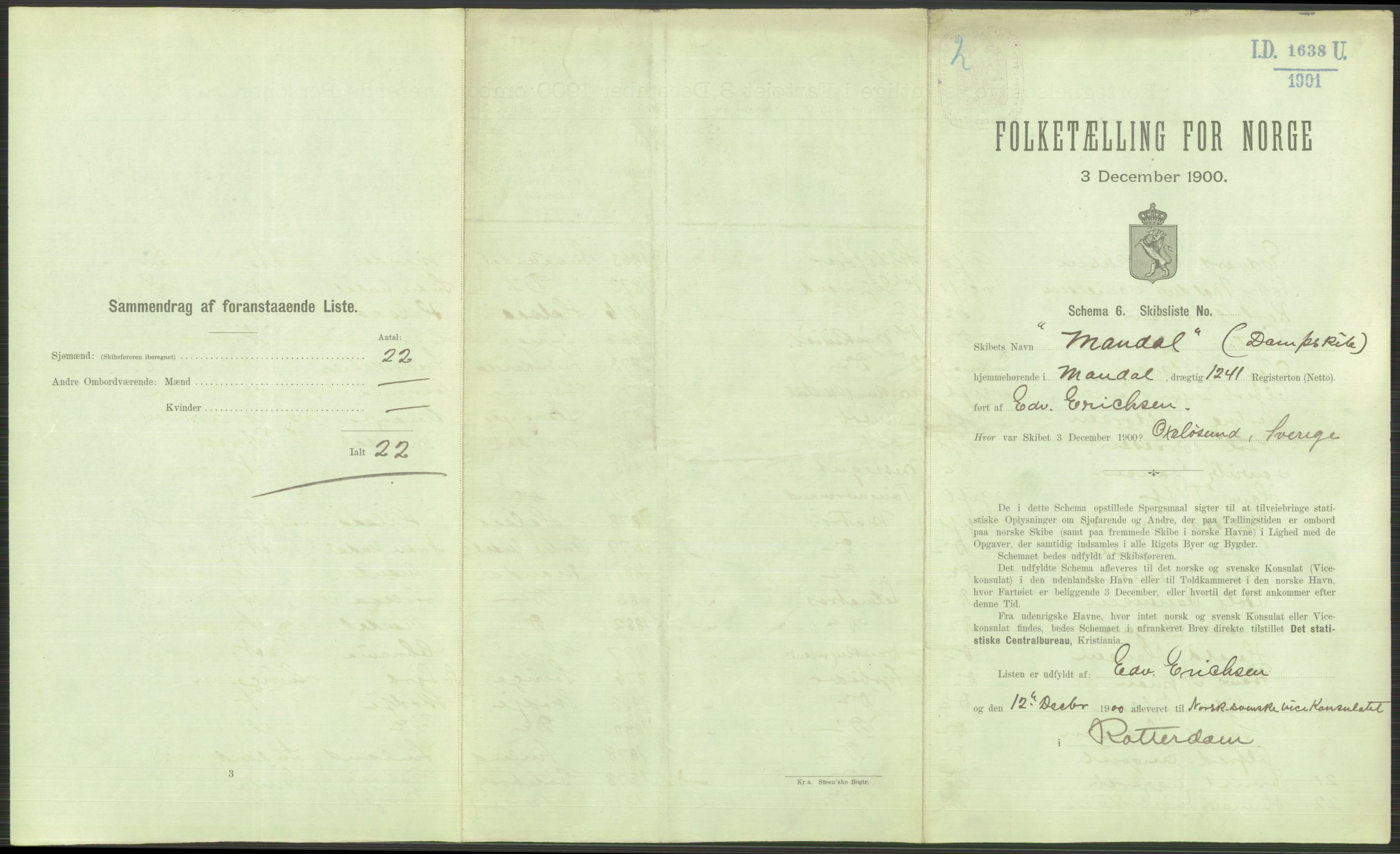 RA, 1900 Census - ship lists from ships in Norwegian harbours, harbours abroad and at sea, 1900, p. 3593