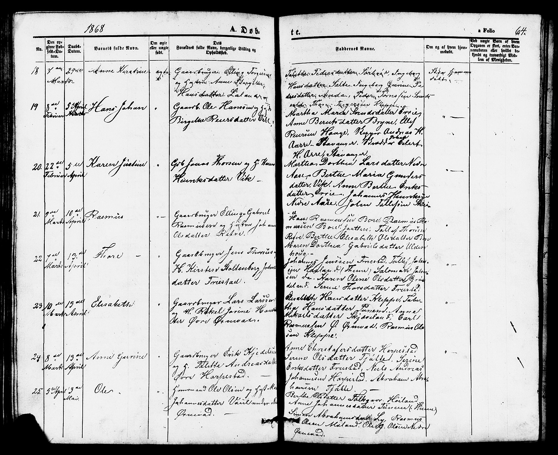 Klepp sokneprestkontor, AV/SAST-A-101803/001/3/30BB/L0002: Parish register (copy) no. B 2, 1860-1875, p. 64