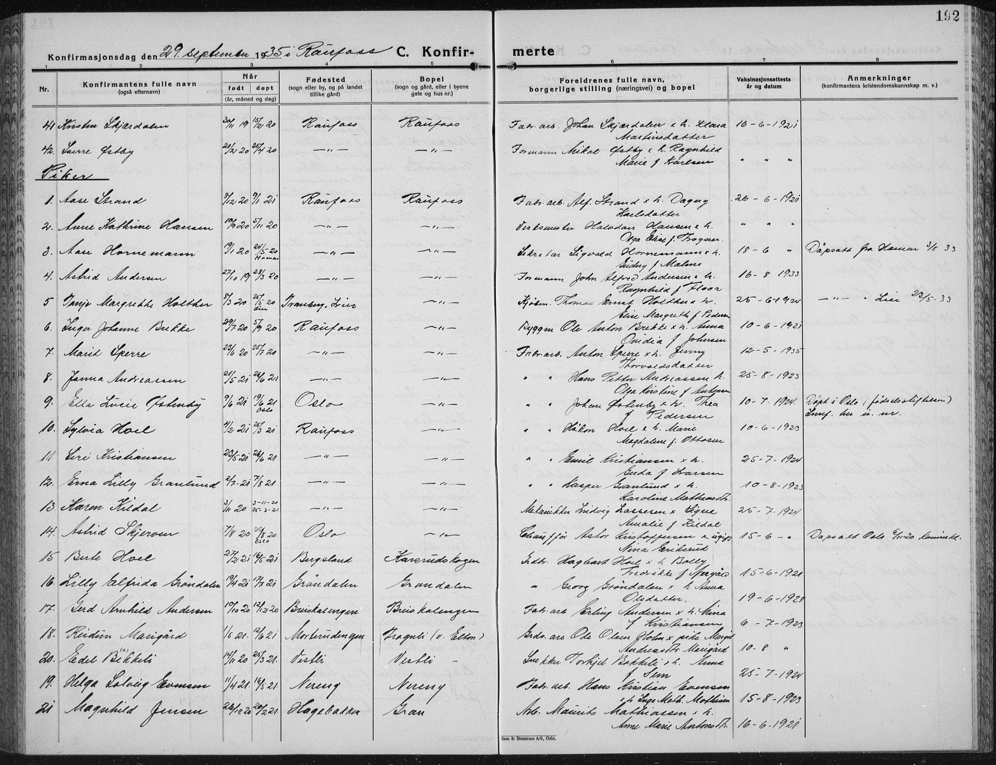 Vestre Toten prestekontor, AV/SAH-PREST-108/H/Ha/Hab/L0018: Parish register (copy) no. 18, 1928-1941, p. 192