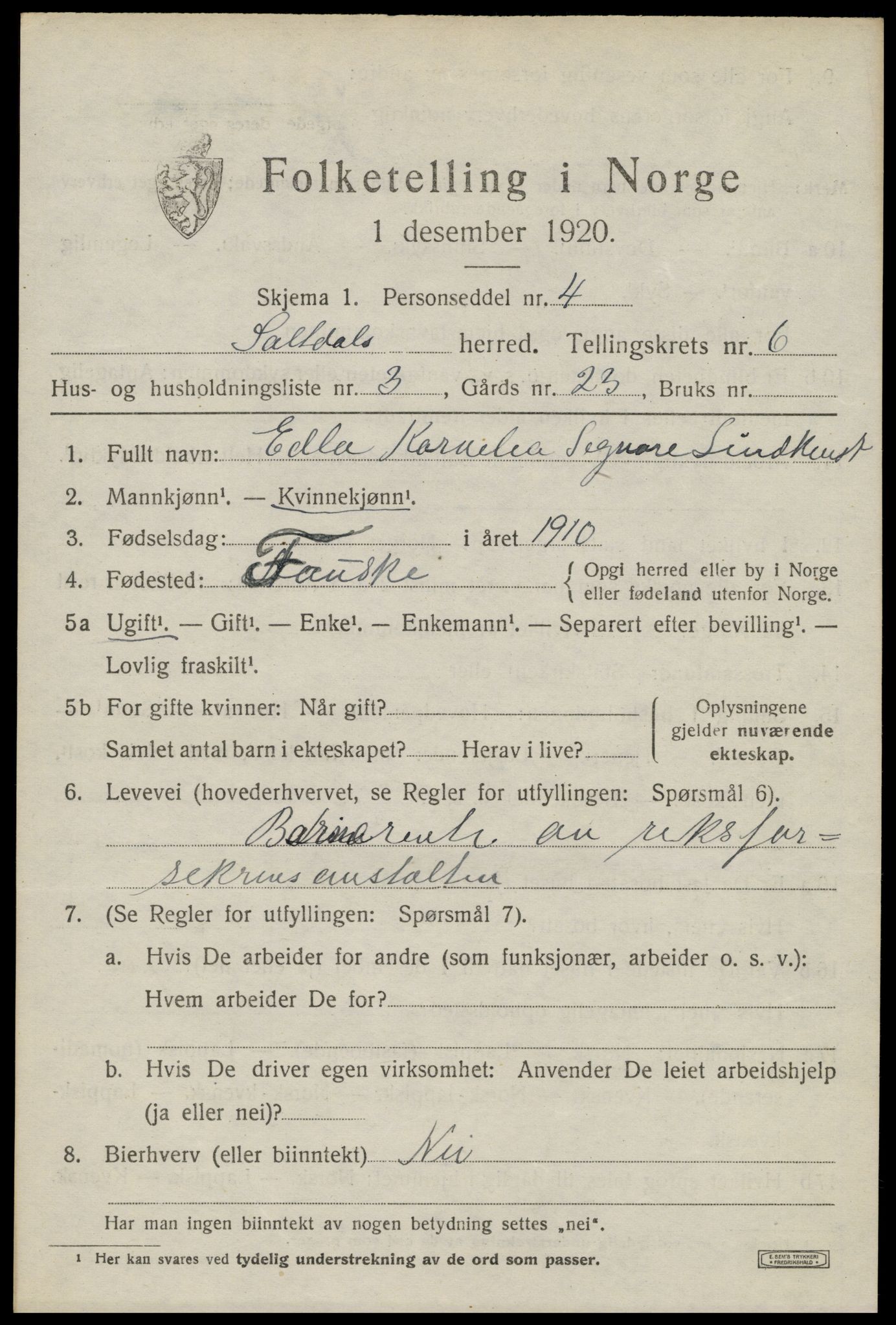 SAT, 1920 census for Saltdal, 1920, p. 7365