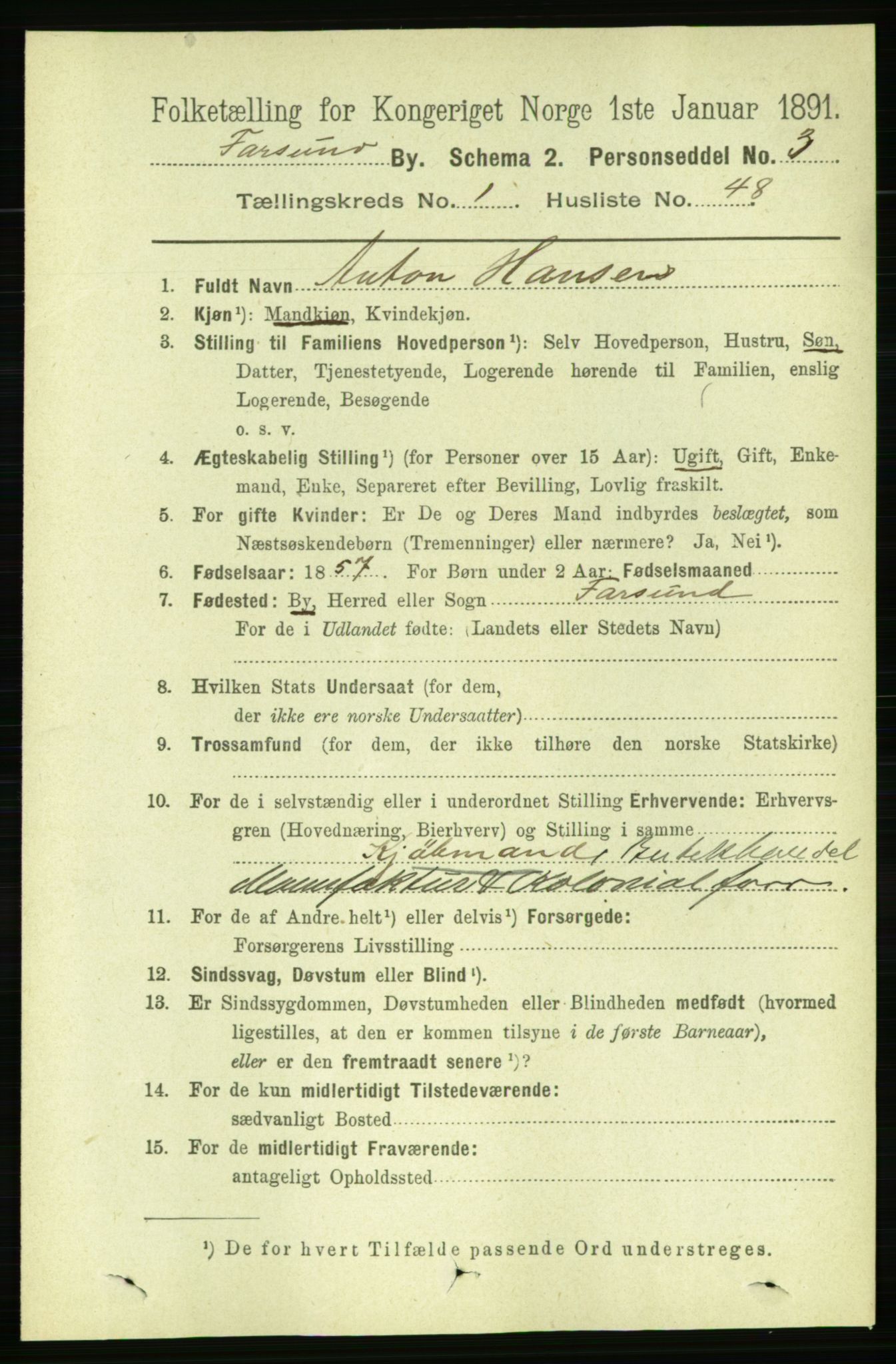 RA, 1891 census for 1003 Farsund, 1891, p. 895