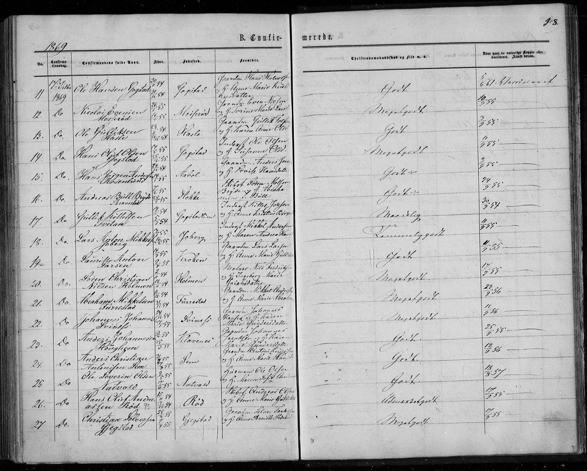 Sandar kirkebøker, SAKO/A-243/F/Fa/L0008: Parish register (official) no. 8, 1862-1871, p. 308