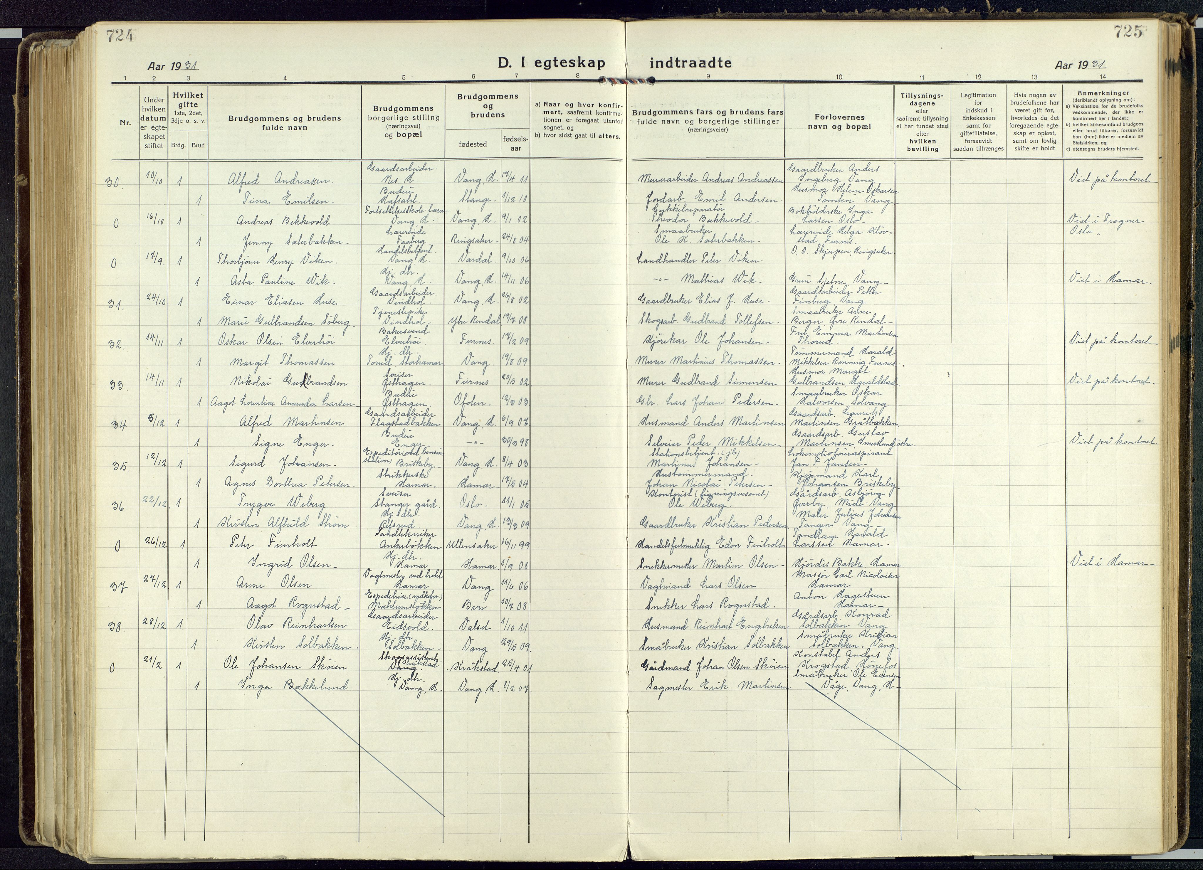 Vang prestekontor, Hedmark, SAH/PREST-008/H/Ha/Haa/L0022: Parish register (official) no. 22, 1918-1944, p. 724-725