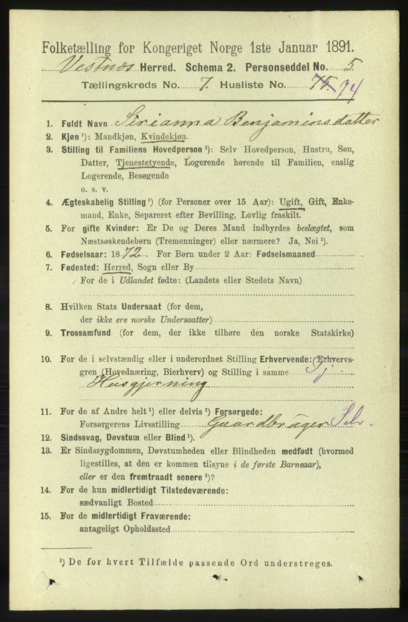 RA, 1891 census for 1535 Vestnes, 1891, p. 3117