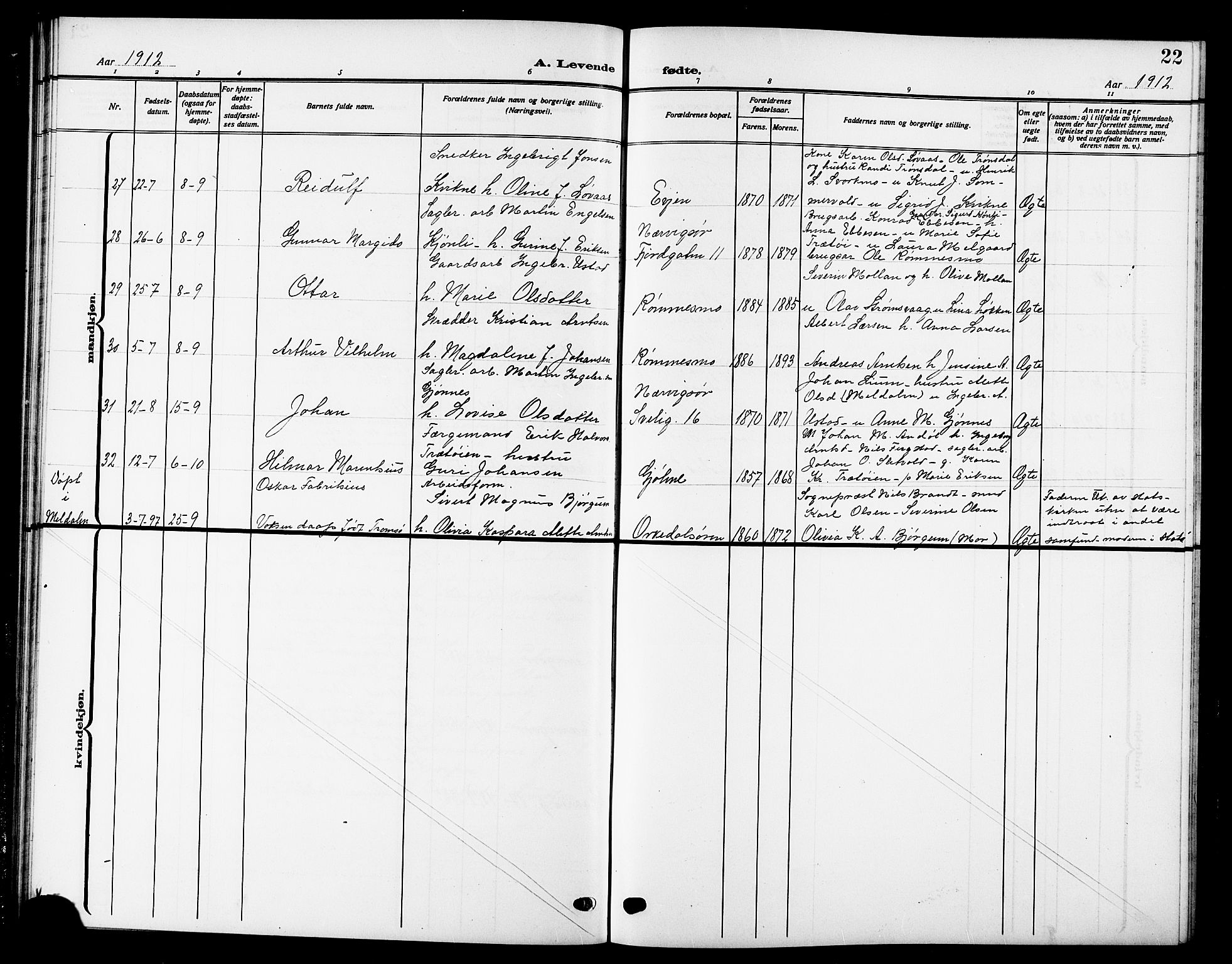 Ministerialprotokoller, klokkerbøker og fødselsregistre - Sør-Trøndelag, AV/SAT-A-1456/669/L0831: Parish register (copy) no. 669C01, 1909-1924, p. 22