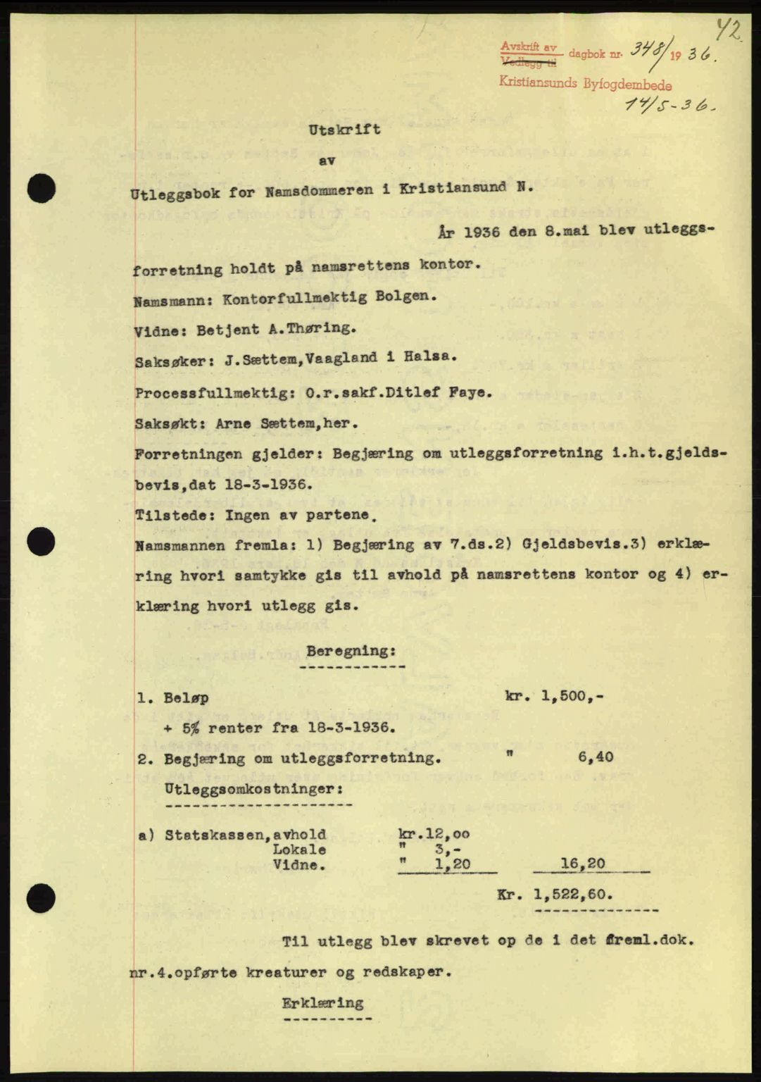 Kristiansund byfogd, AV/SAT-A-4587/A/27: Mortgage book no. 29, 1936-1937, Diary no: : 348/1936