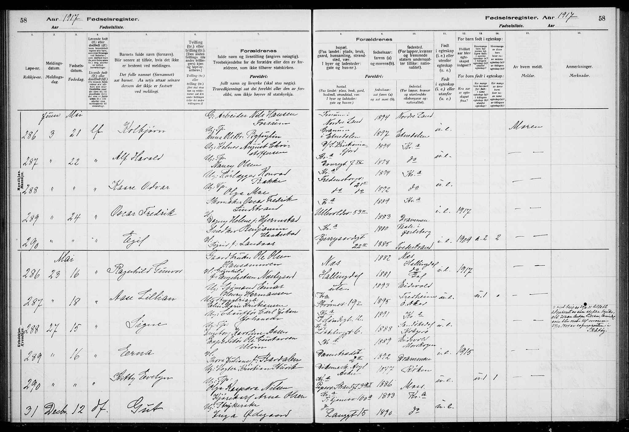 Rikshospitalet prestekontor Kirkebøker, SAO/A-10309b/J/L0002: Birth register no. 2, 1917-1917, p. 58