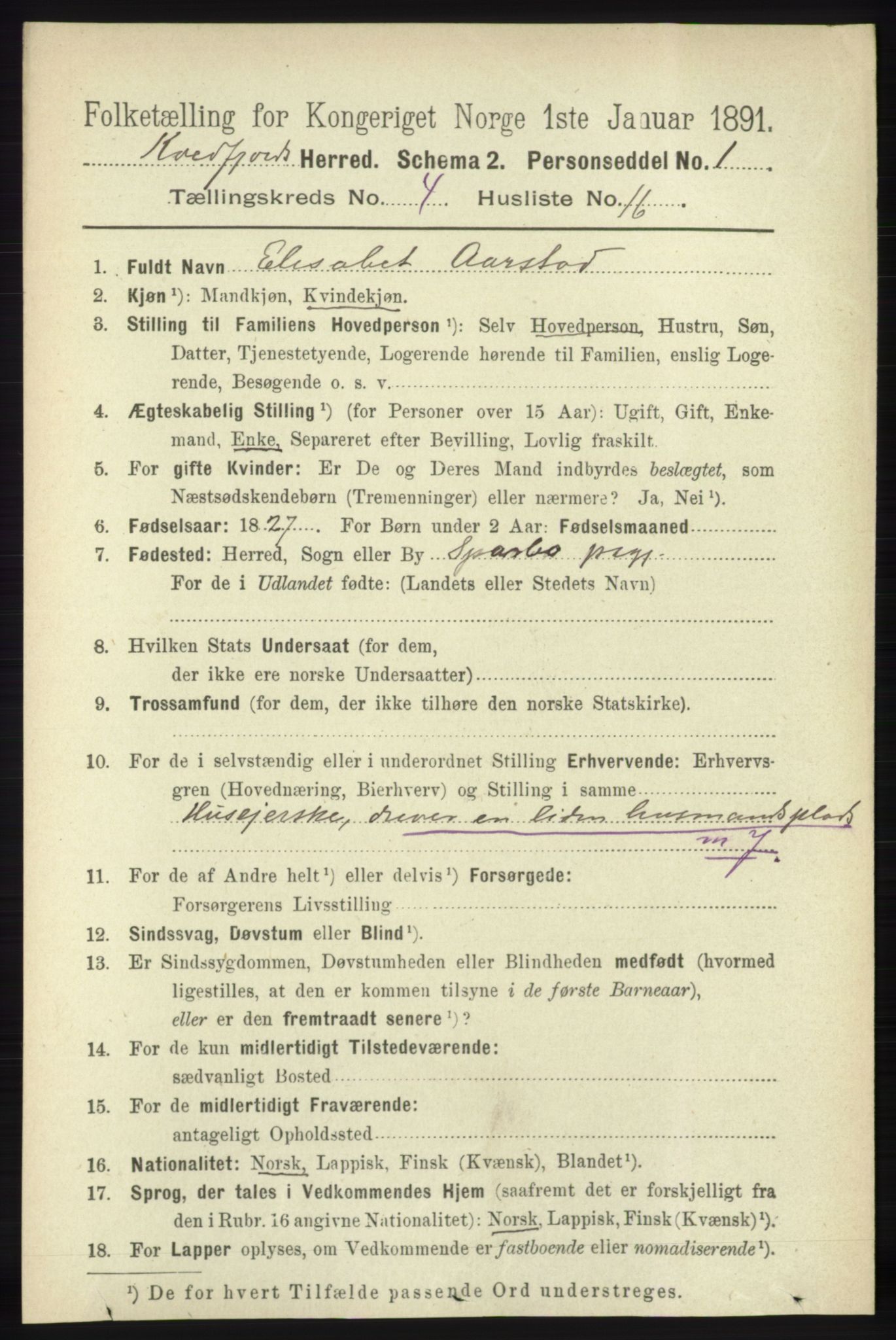 RA, 1891 census for 1911 Kvæfjord, 1891, p. 1984