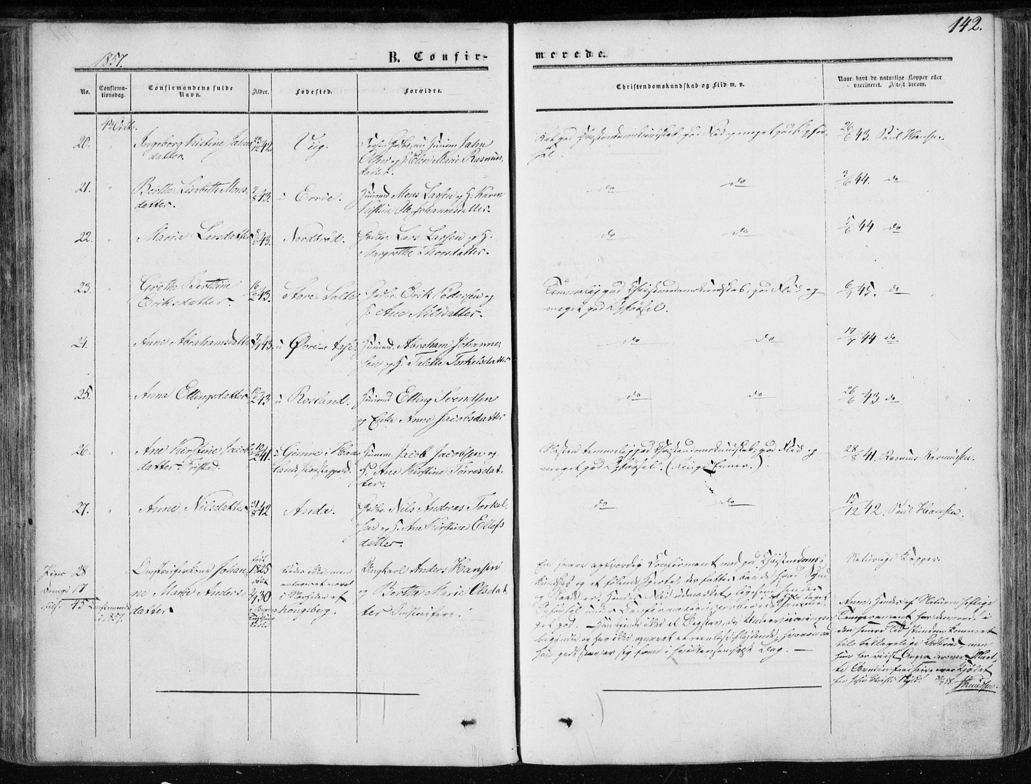 Klepp sokneprestkontor, SAST/A-101803/001/3/30BA/L0005: Parish register (official) no. A 5, 1853-1870, p. 142