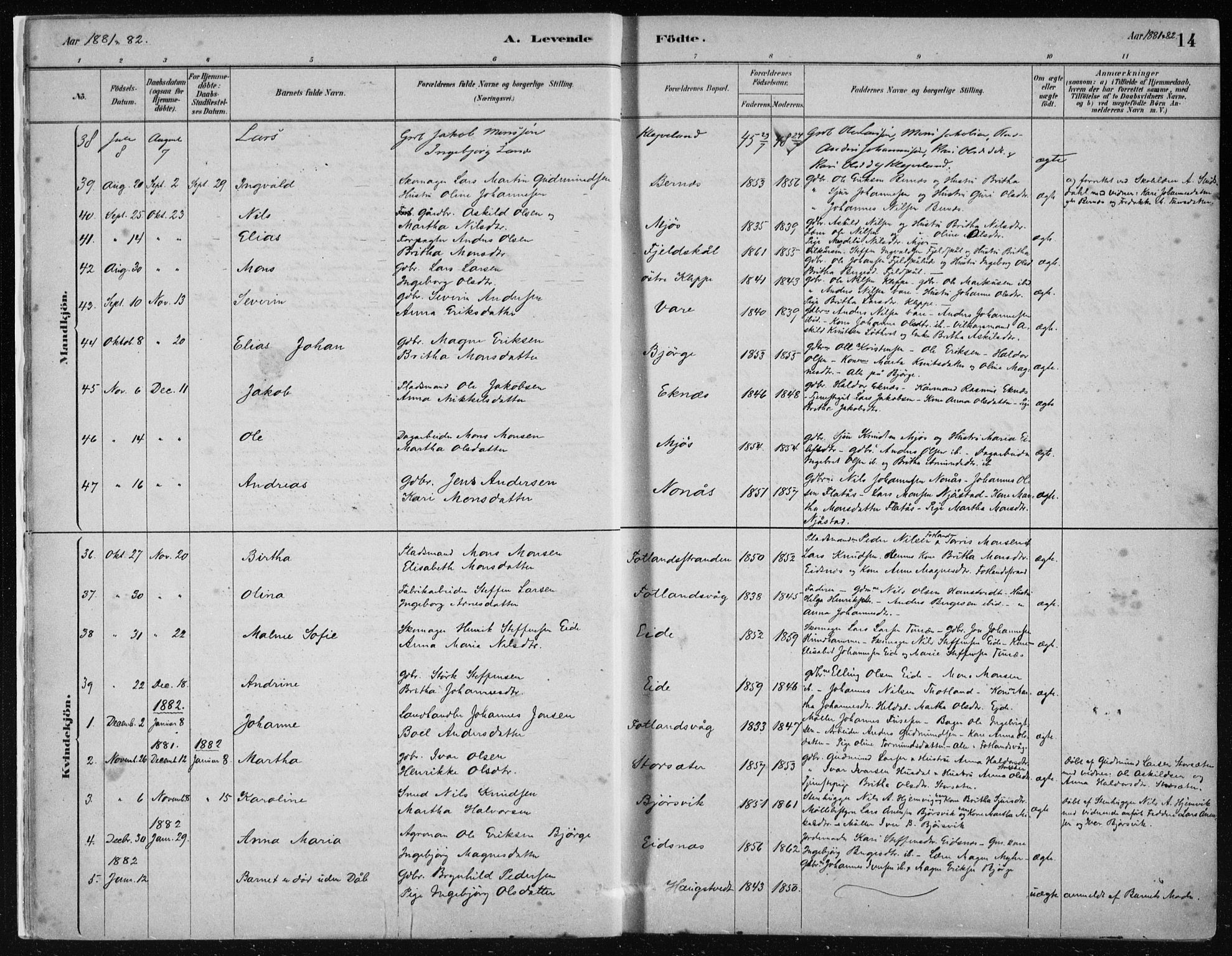 Hosanger sokneprestembete, AV/SAB-A-75801/H/Haa: Parish register (official) no. B  1, 1880-1896, p. 14