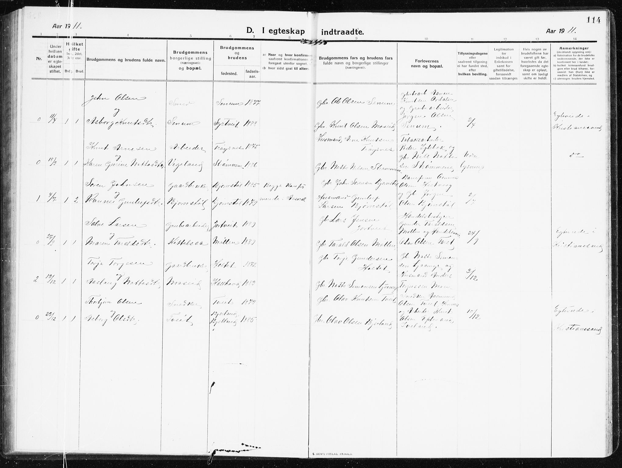 Evje sokneprestkontor, SAK/1111-0008/F/Fb/Fbb/L0003: Parish register (copy) no. B 3, 1910-1933, p. 114