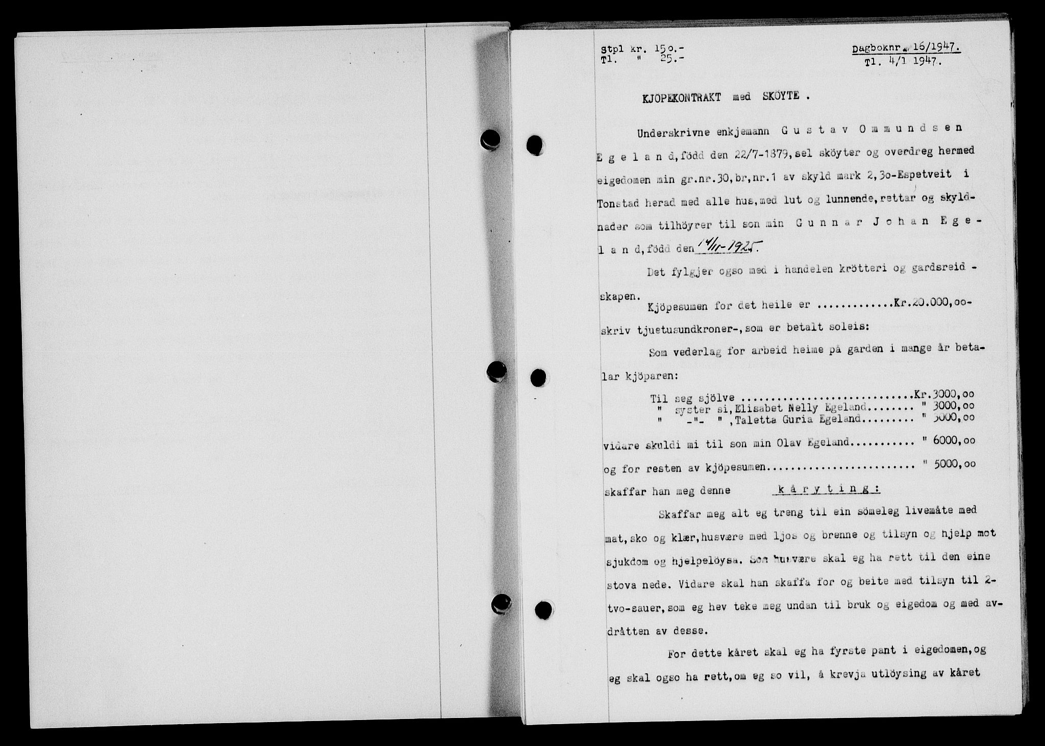 Flekkefjord sorenskriveri, SAK/1221-0001/G/Gb/Gba/L0061: Mortgage book no. A-9, 1946-1947, Diary no: : 16/1947